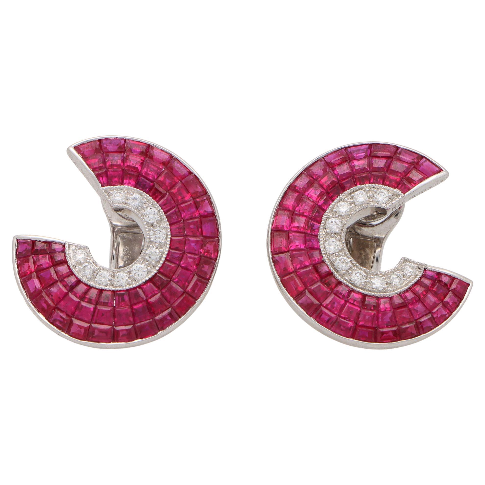 Art Deco Style Invisibly Set Ruby and Diamond Earrings Set in Platinum For Sale