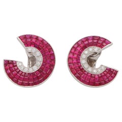 Art Deco Style Invisibly Set Ruby and Diamond Earrings Set in Platinum