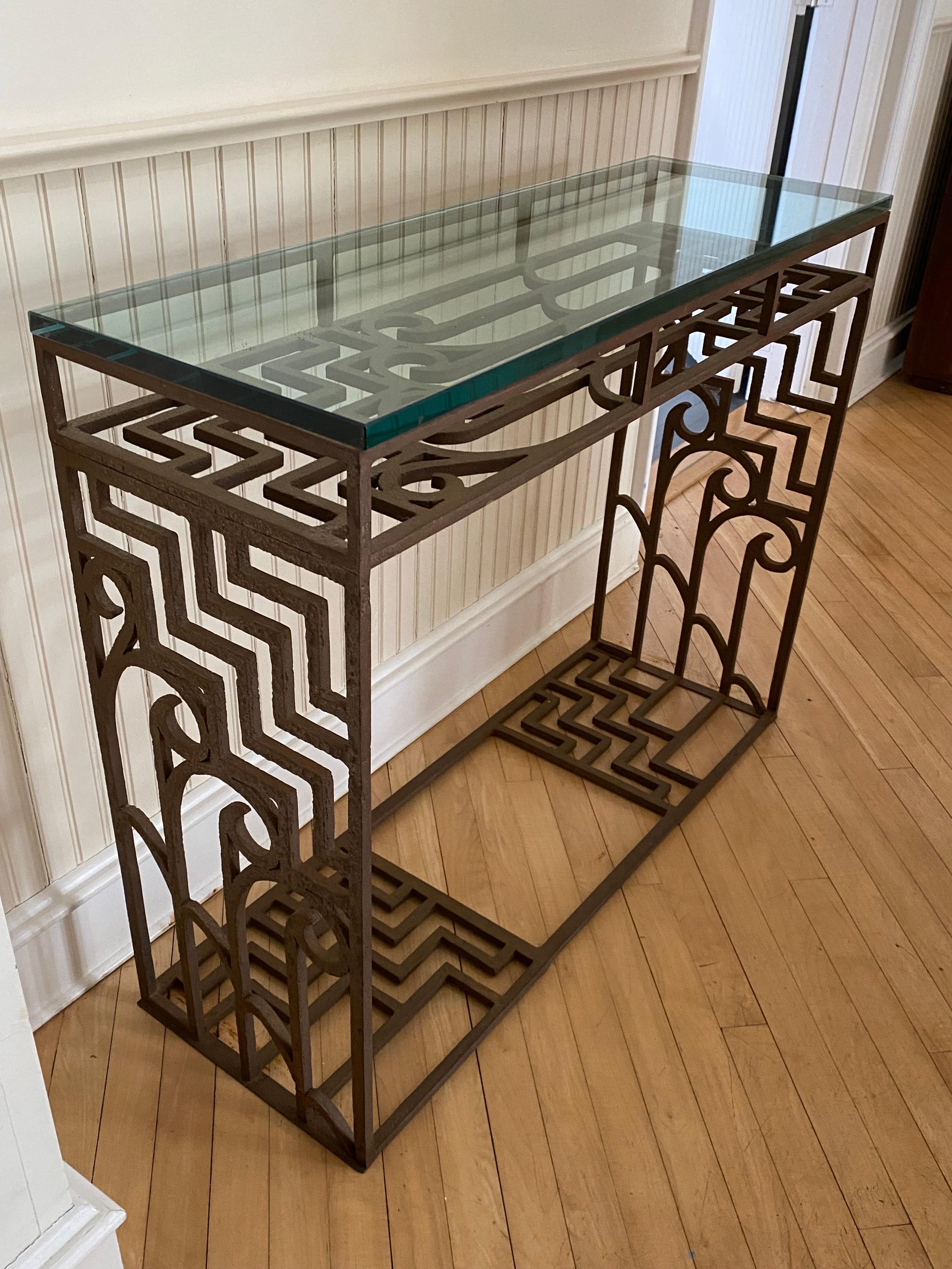 American Art Deco Style Iron & Glass Console Table For Sale