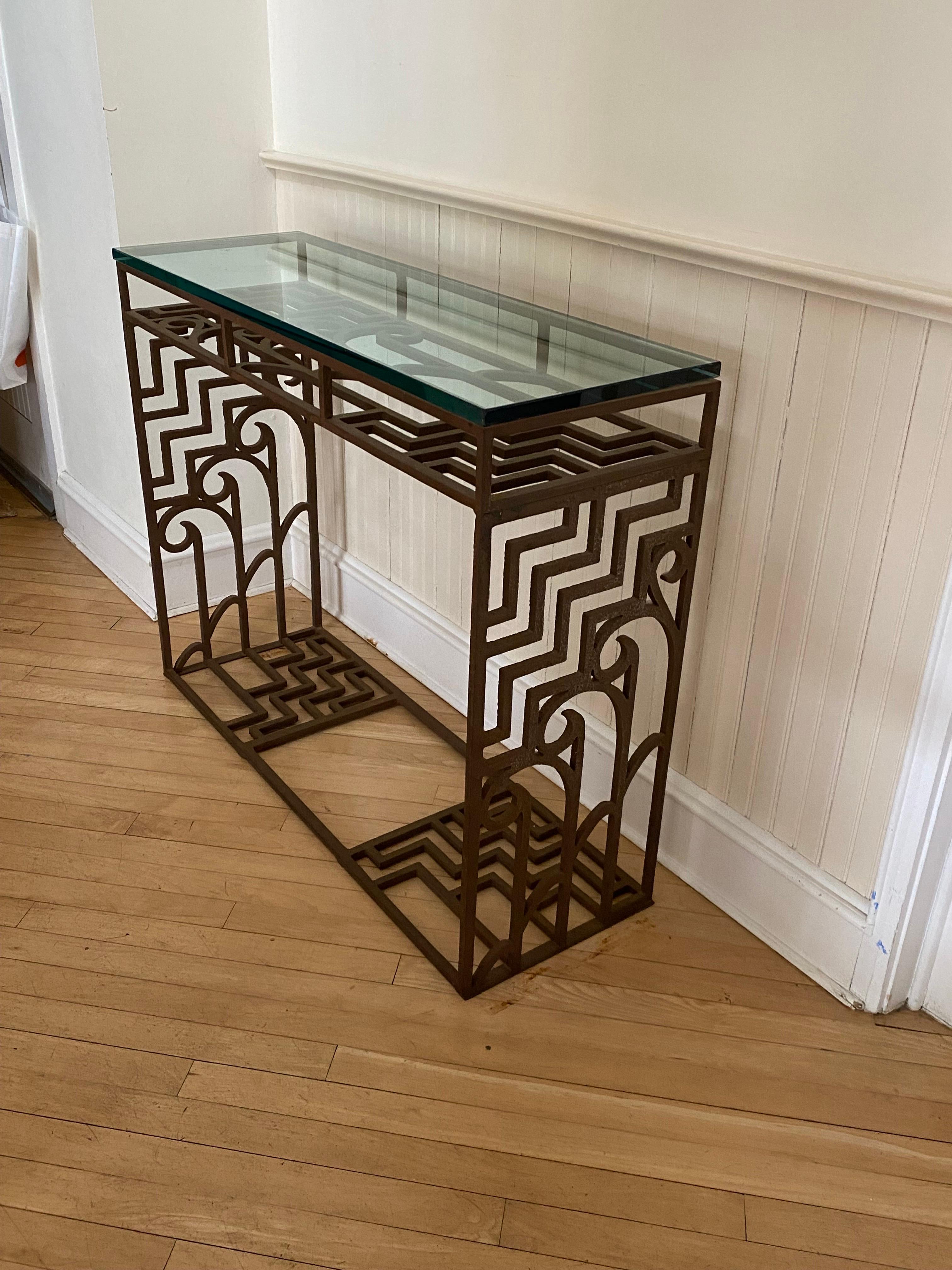 Art Deco Style Iron & Glass Console Table In Good Condition For Sale In Southampton, NY