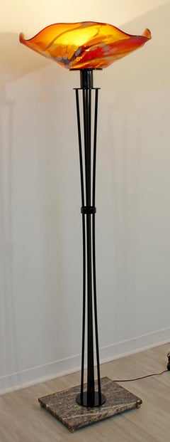 Art Deco Style Iron Uplight Blown Glass Floor Lamp Marble Base Chihuly Style