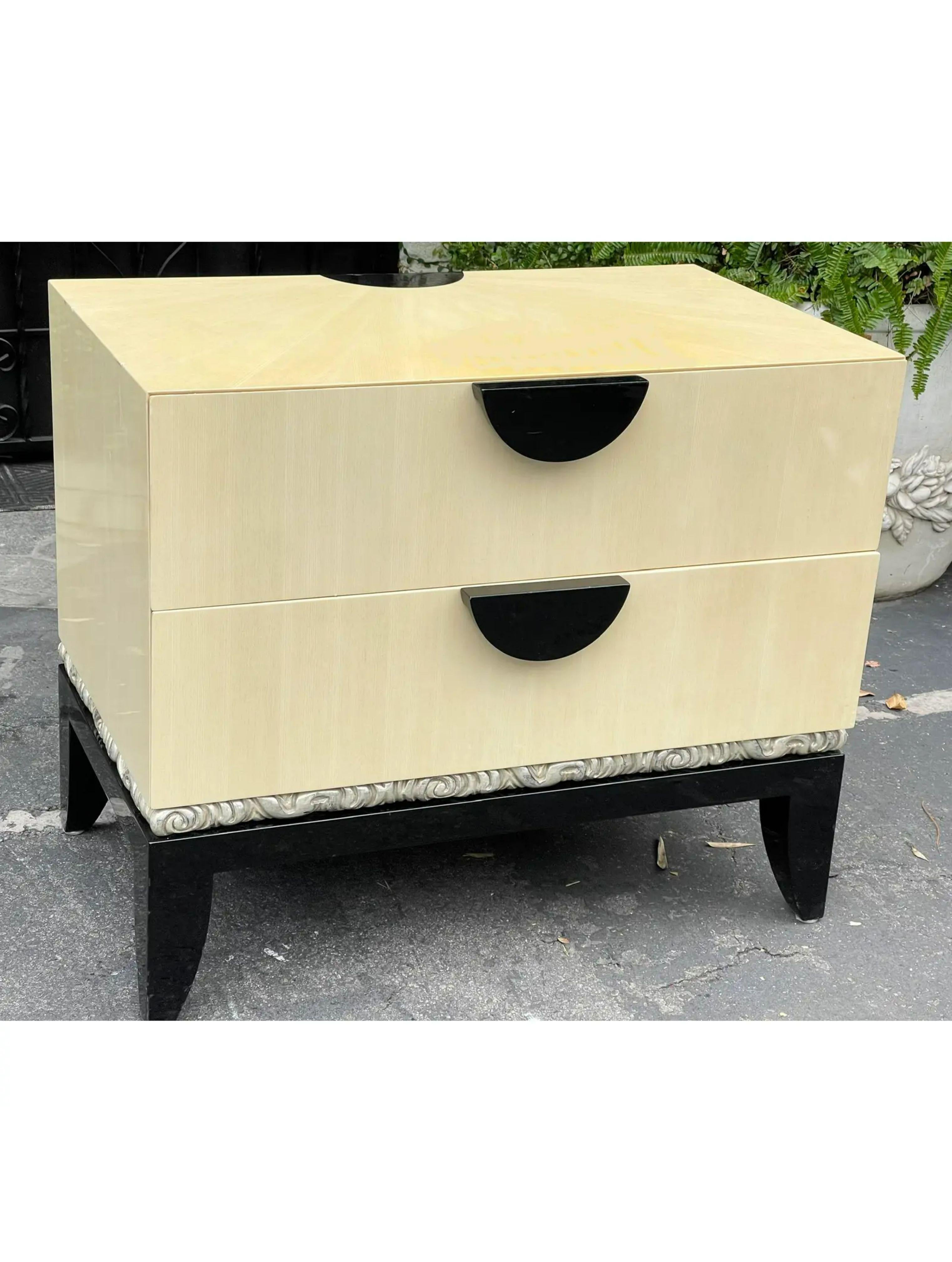 Art Deco Style J. Robert Scott 2 drawer Commode nightstand. It is a classic example designed by Sally Sirkin Lewis for J. Robert Scott.

Additional information: 
Materials: Ebony, Lacquer
Color: Ivory
Brand: J. Robert Scott
Designer: Sally