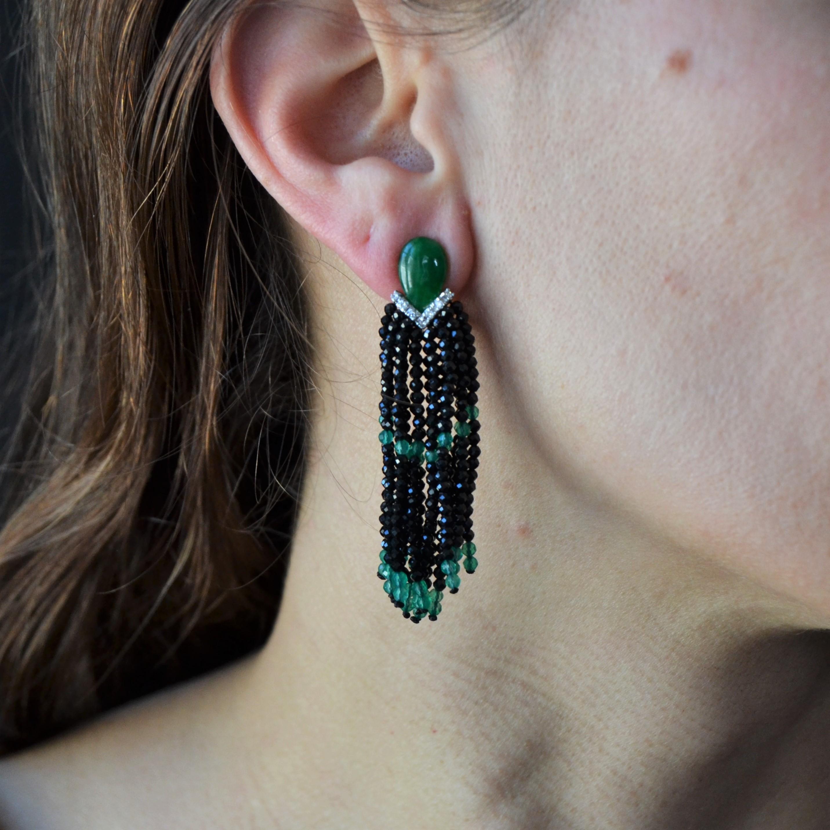 Art Deco Stil Jade Achat Diamanten Ohrringe baumeln im Zustand „Neu“ im Angebot in Poitiers, FR