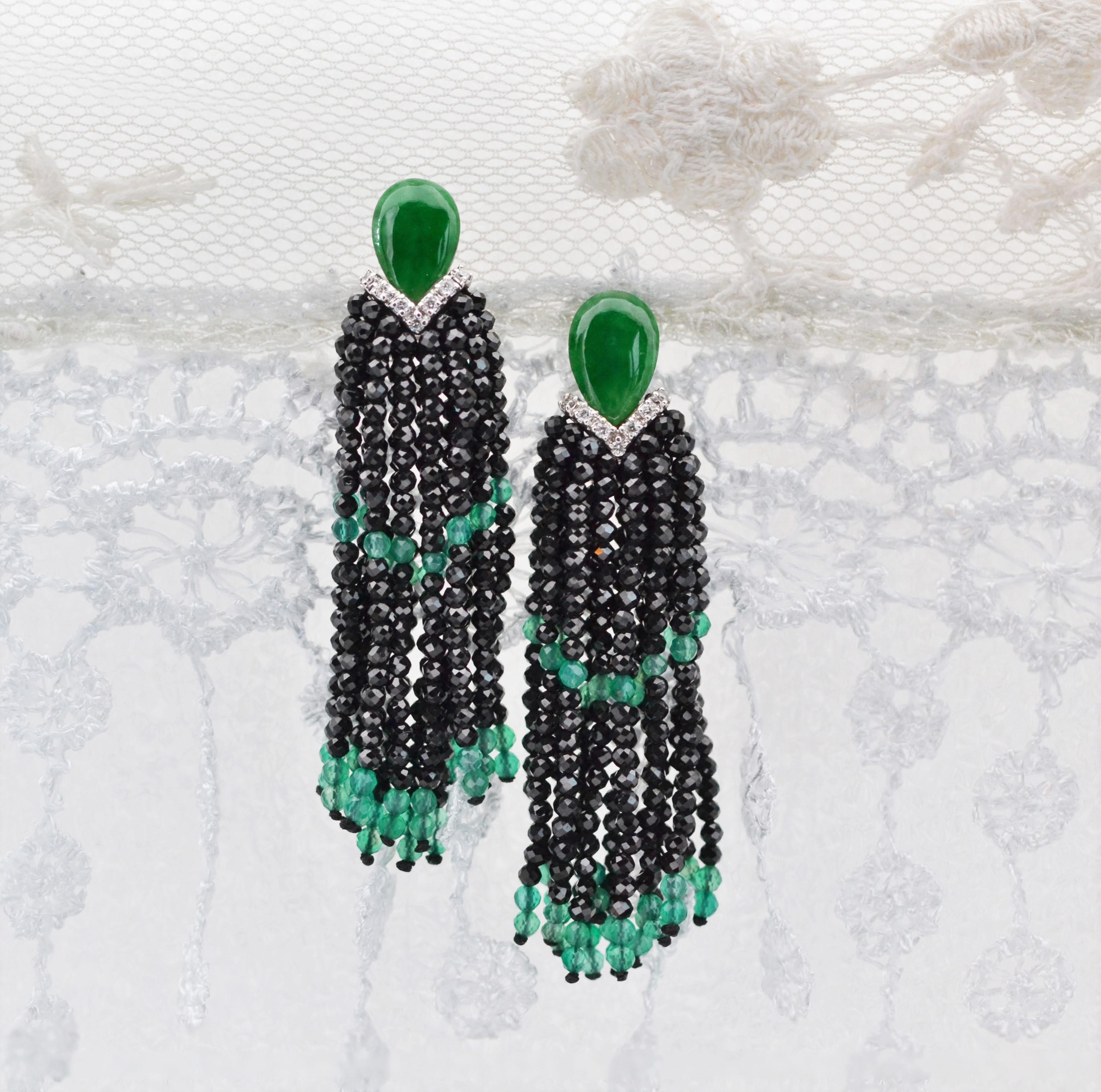 Art Deco Style Jade Agate Diamond Dangle Earrings For Sale 1