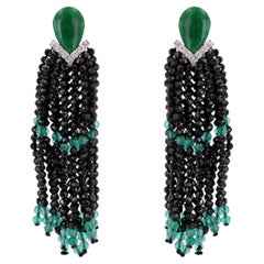 Used Art Deco Style Jade Agate Diamond Dangle Earrings