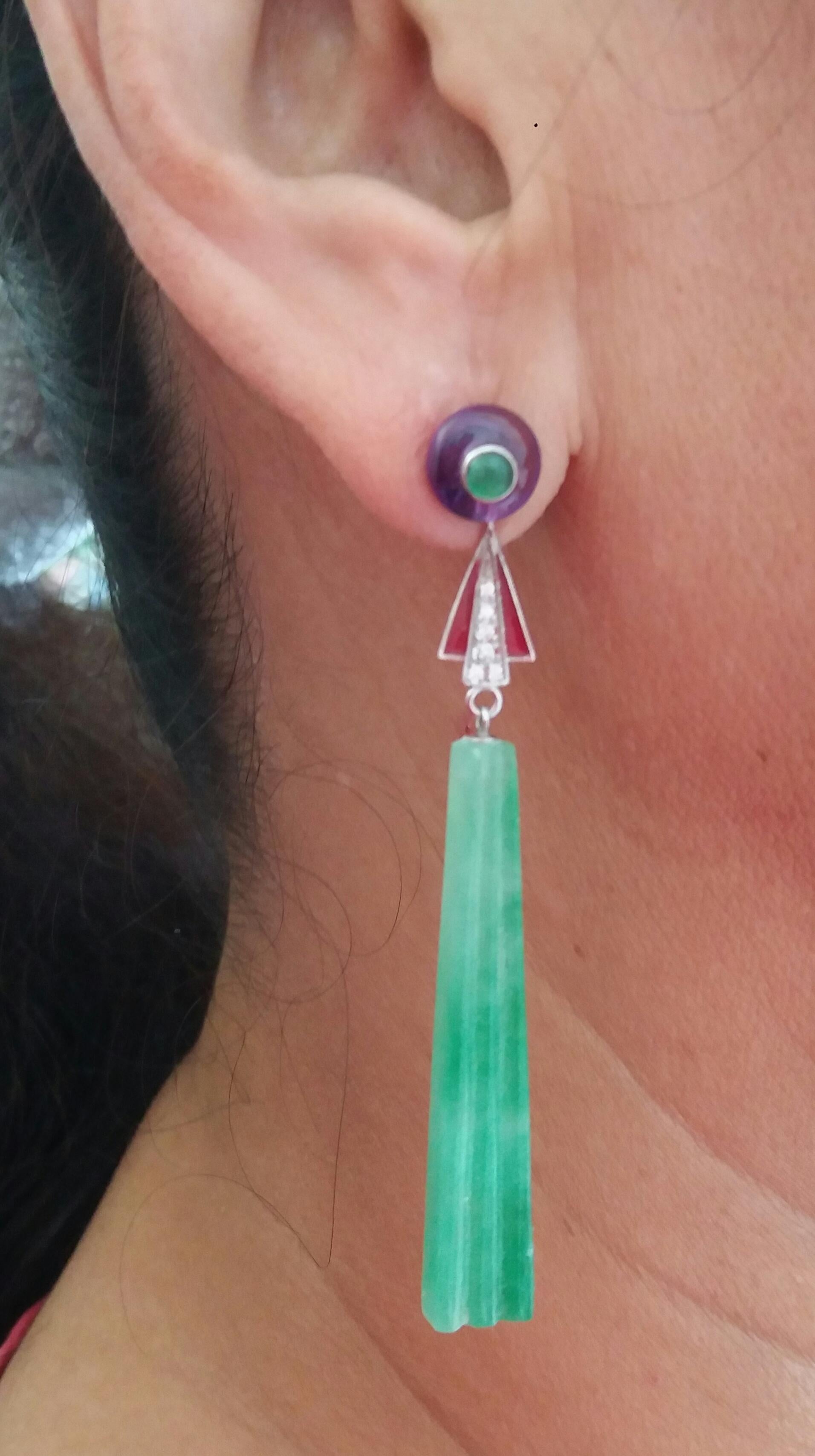 Art Deco Style Jade Amethyst Emeralds Red Enamel Gold Diamonds Dangle Earrings For Sale 5