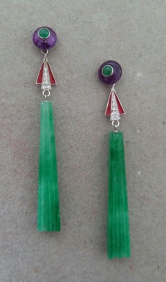 Art Deco Style Jade Amethyst Emeralds Red Enamel Gold Diamonds Dangle Earrings