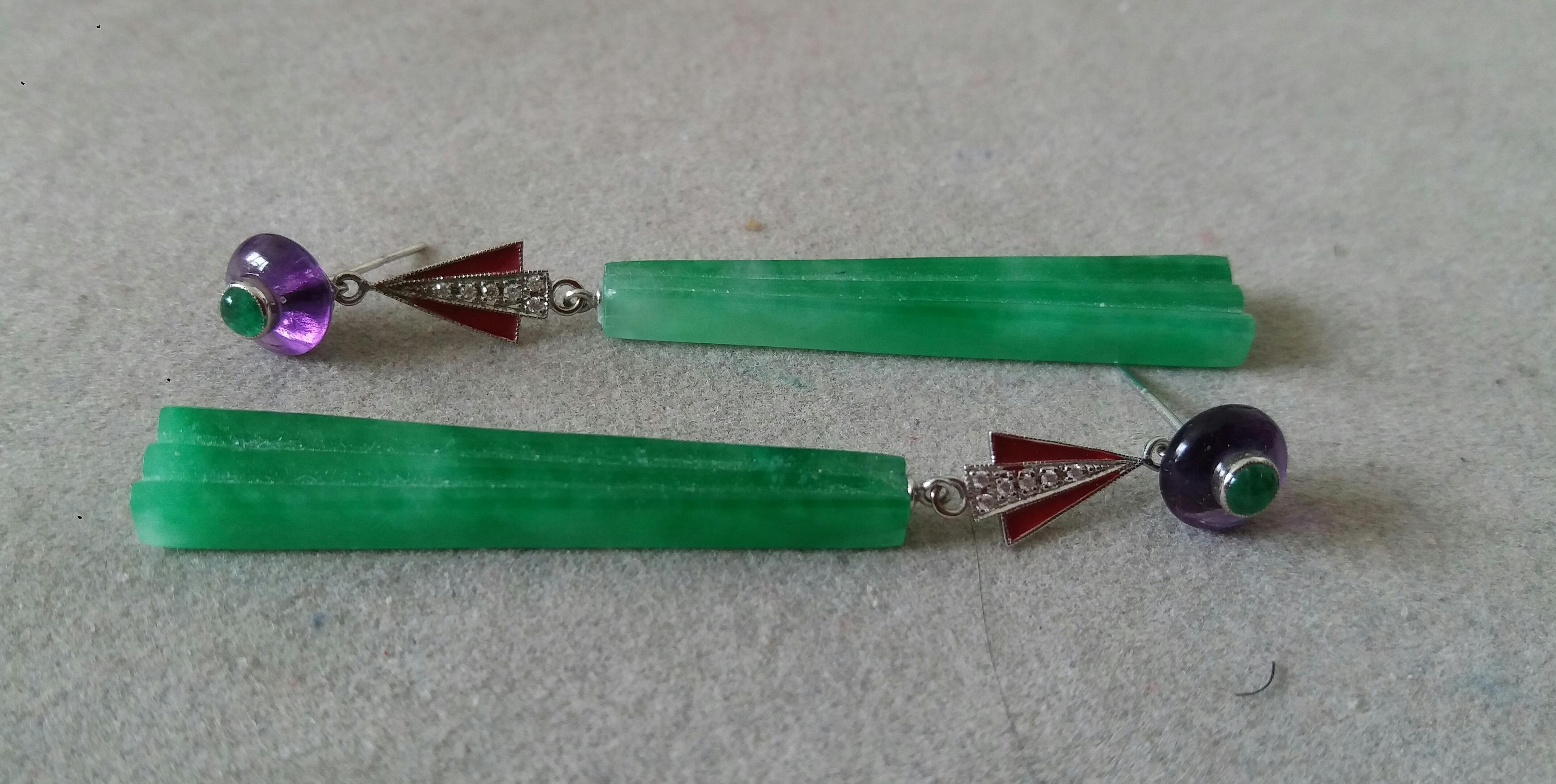 Art Deco Style Jade Amethyst Emeralds Red Enamel Gold Diamonds Dangle Earrings In Good Condition For Sale In Bangkok, TH