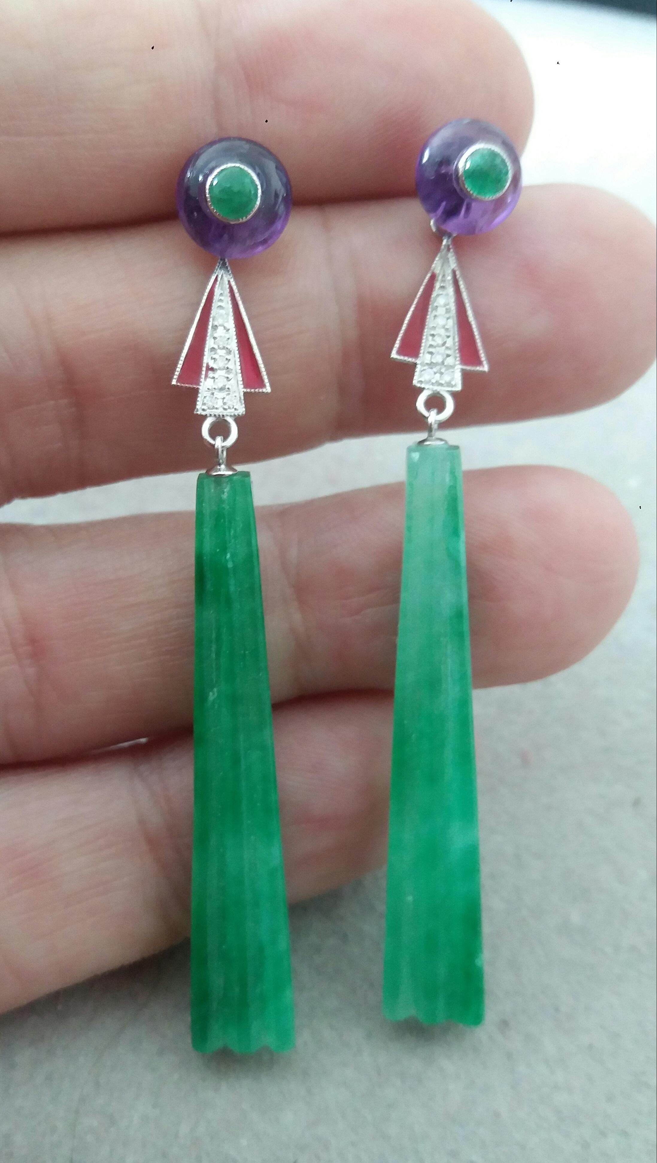 Women's Art Deco Style Jade Amethyst Emeralds Red Enamel Gold Diamonds Dangle Earrings For Sale