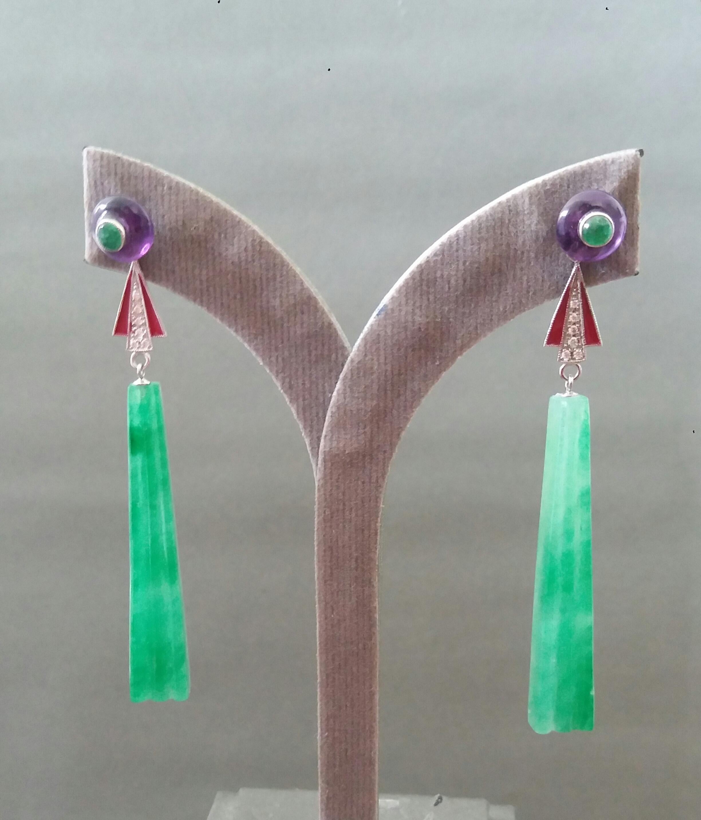 Art Deco Style Jade Amethyst Emeralds Red Enamel Gold Diamonds Dangle Earrings For Sale 1