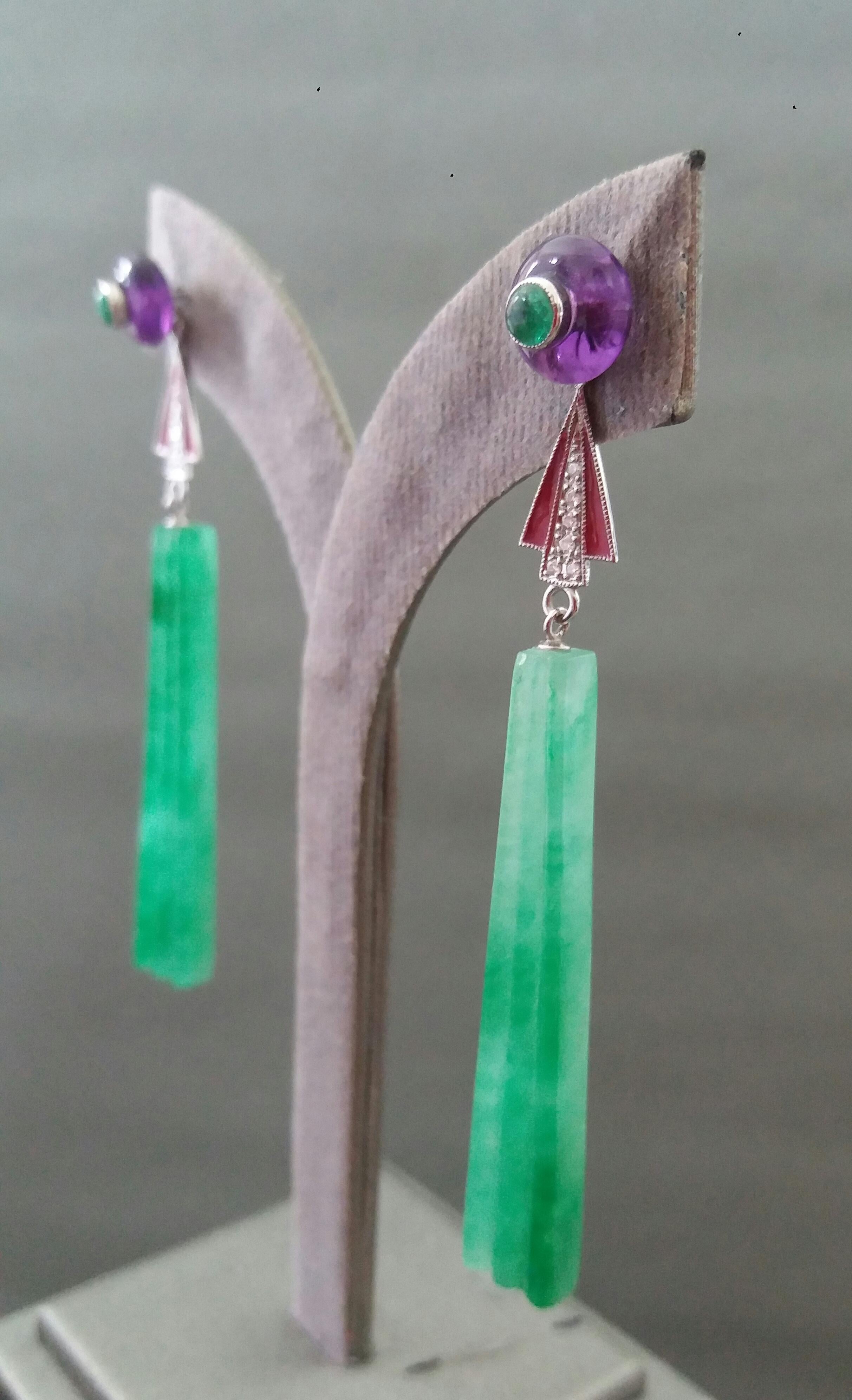 Art Deco Style Jade Amethyst Emeralds Red Enamel Gold Diamonds Dangle Earrings For Sale 2