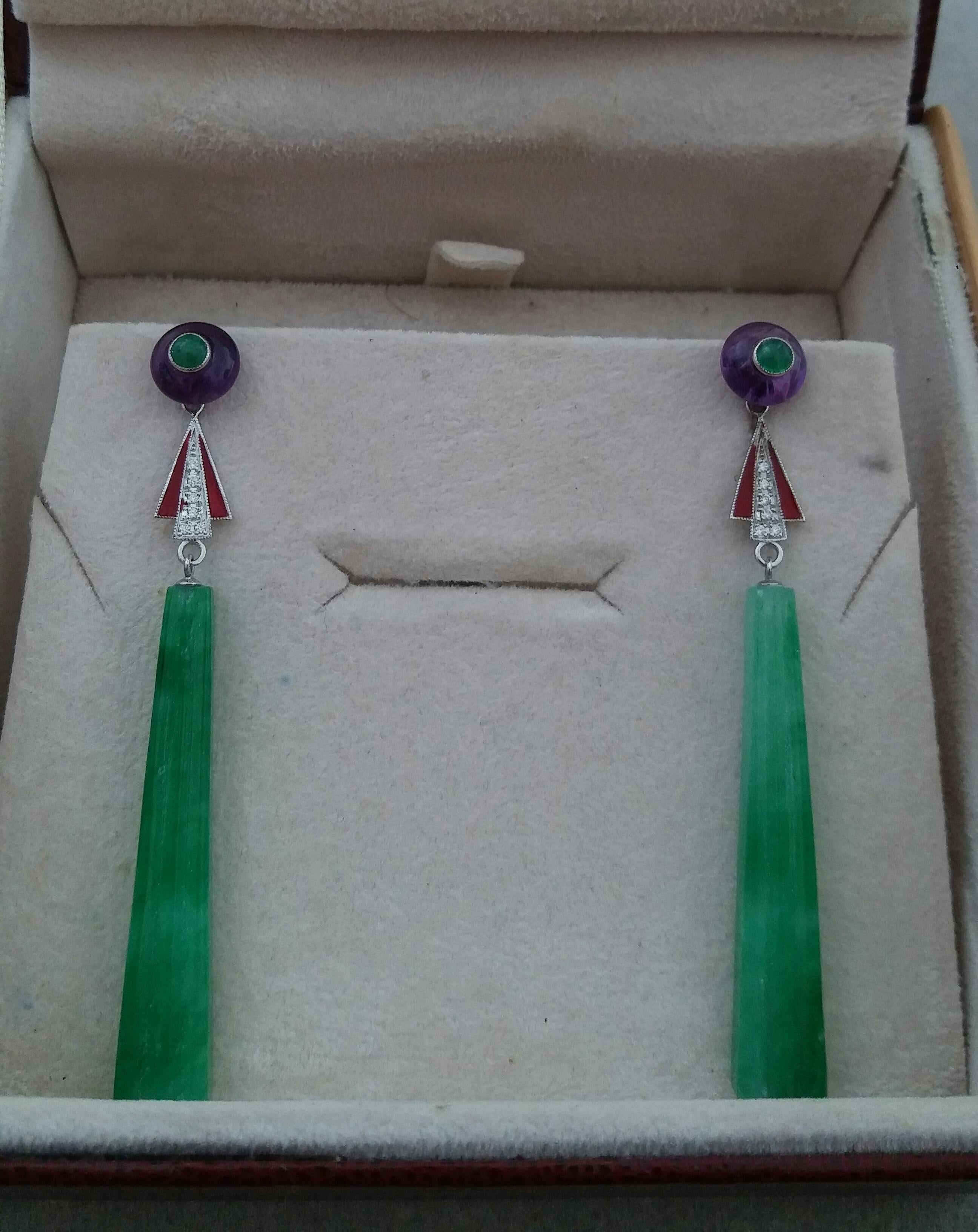 Art Deco Style Jade Amethyst Emeralds Red Enamel Gold Diamonds Dangle Earrings For Sale 3