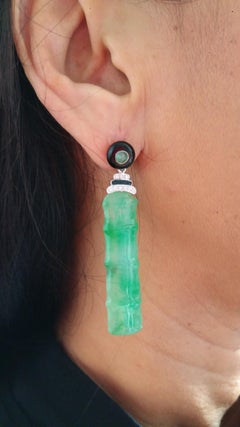Art Deco Style Jade Bamboo Diamonds Emeralds Black Enamel Dangle Earrings