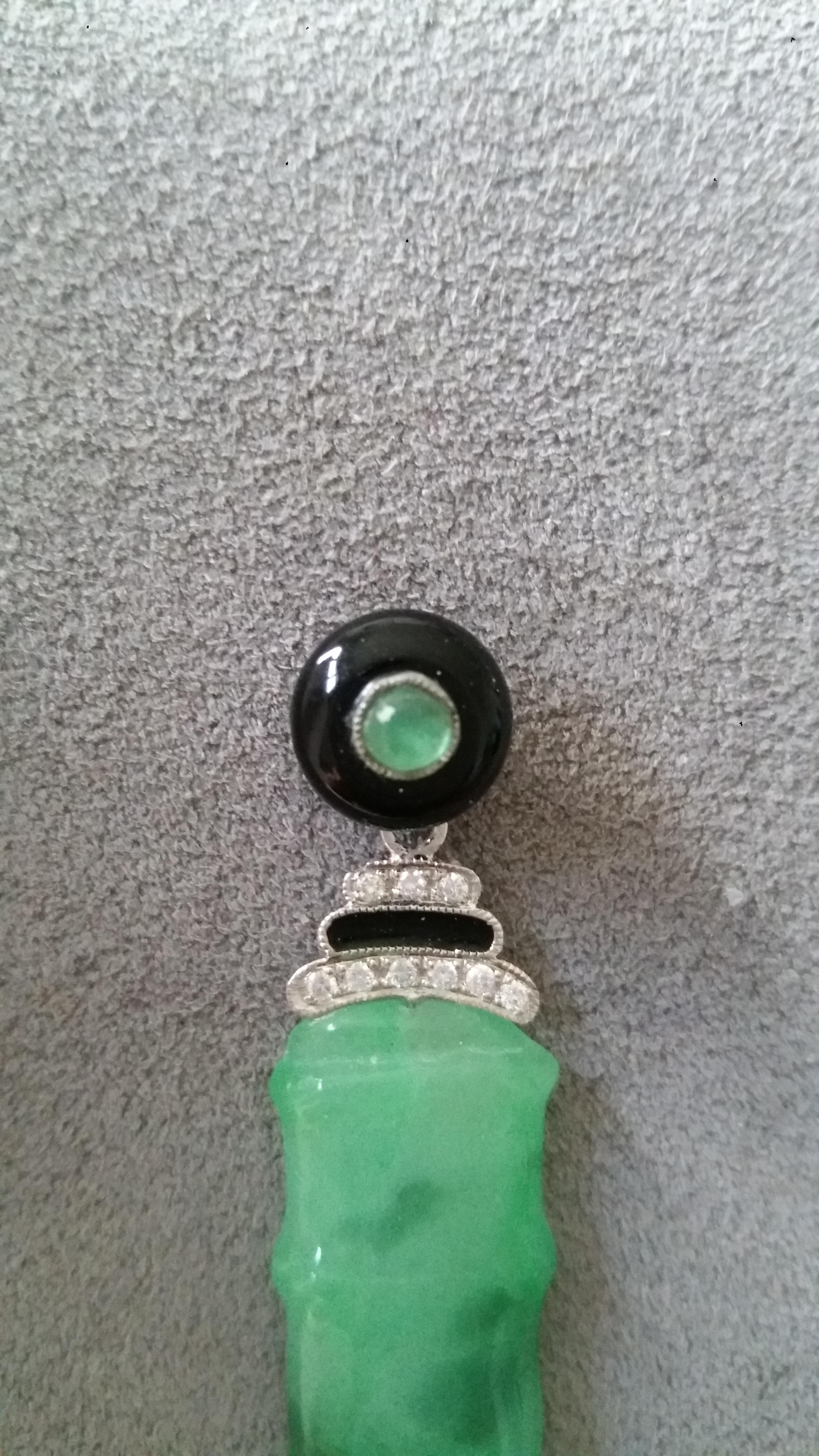 Mixed Cut Art Deco Style Jade Bamboo Diamonds Emeralds Black Enamel Dangle Earrings For Sale