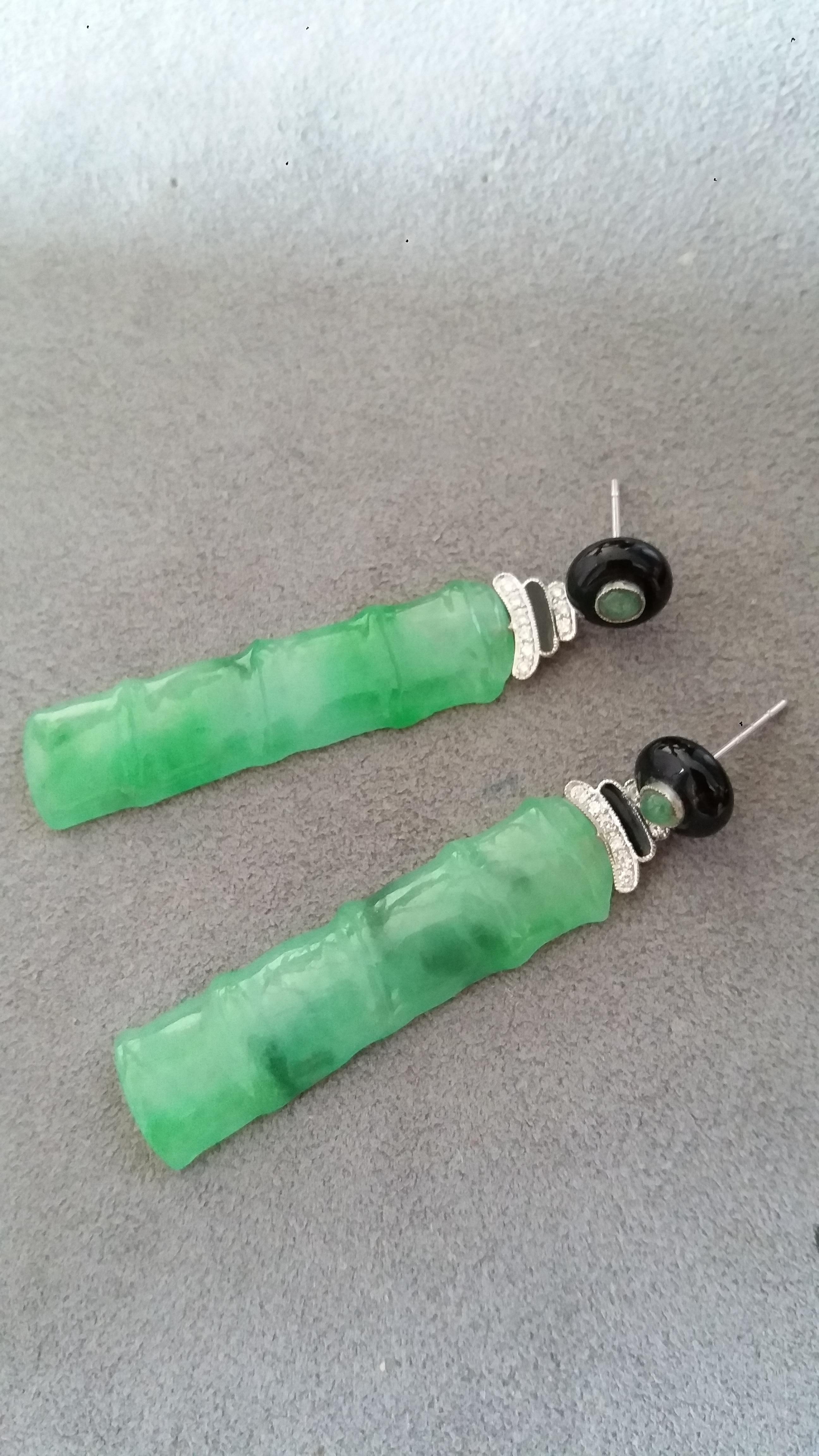 Art Deco Style Jade Bamboo Diamonds Emeralds Black Enamel Dangle Earrings In Good Condition For Sale In Bangkok, TH