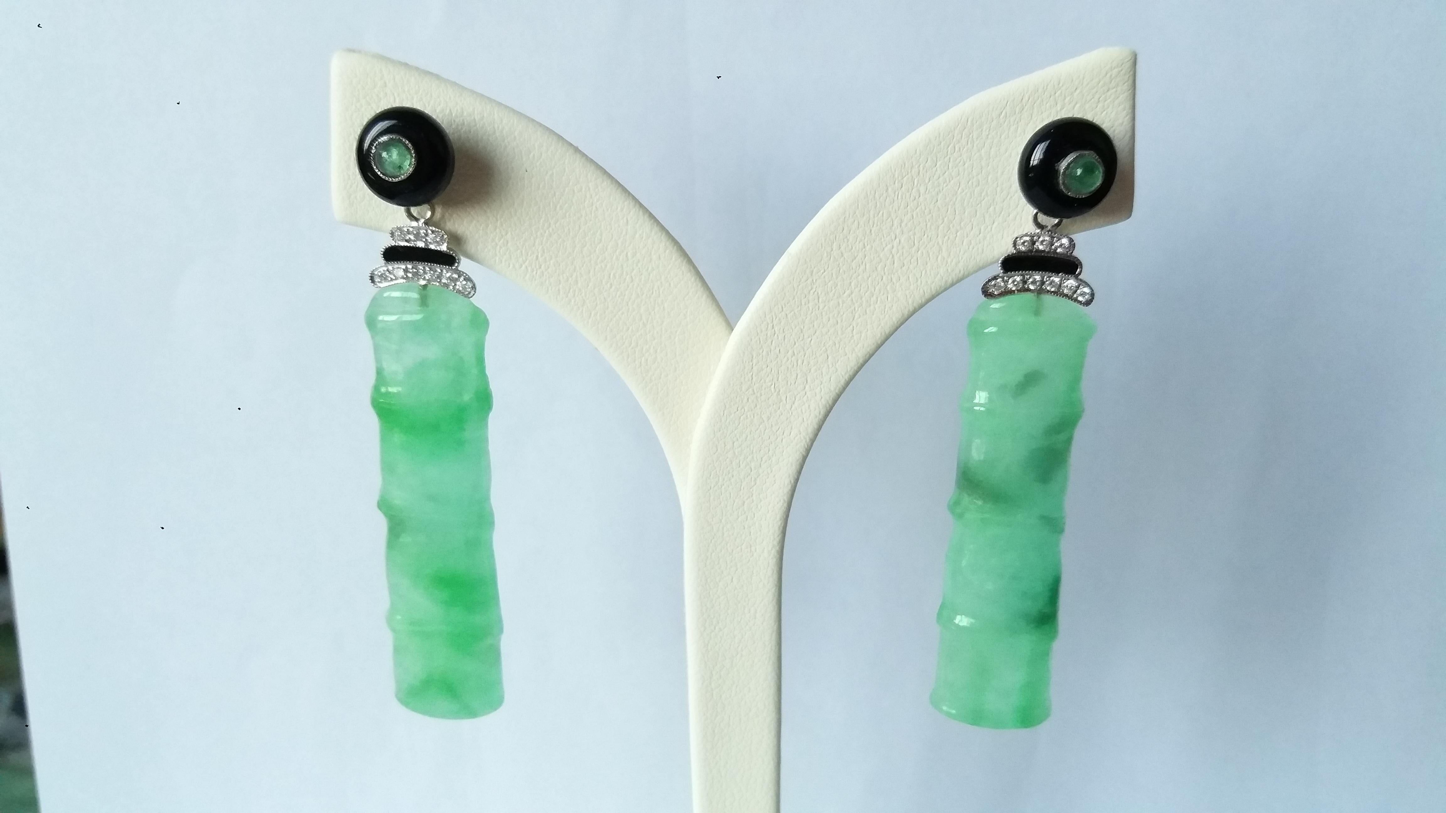 Women's Art Deco Style Jade Bamboo Diamonds Emeralds Black Enamel Dangle Earrings For Sale