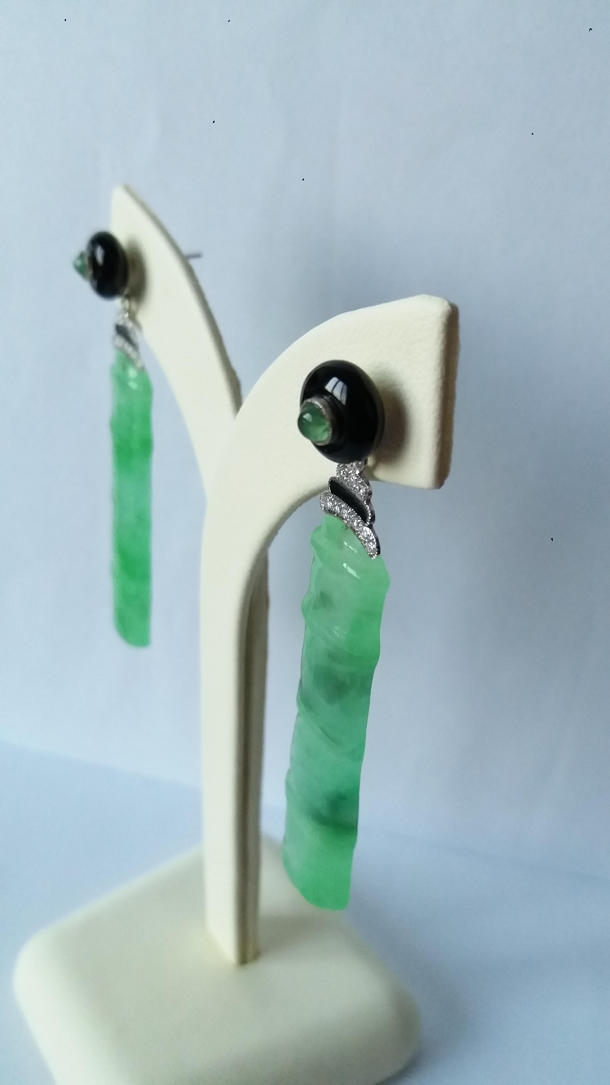 Women's Art Deco Style Jade Bamboo Diamonds Emeralds Black Enamel Dangle Earrings