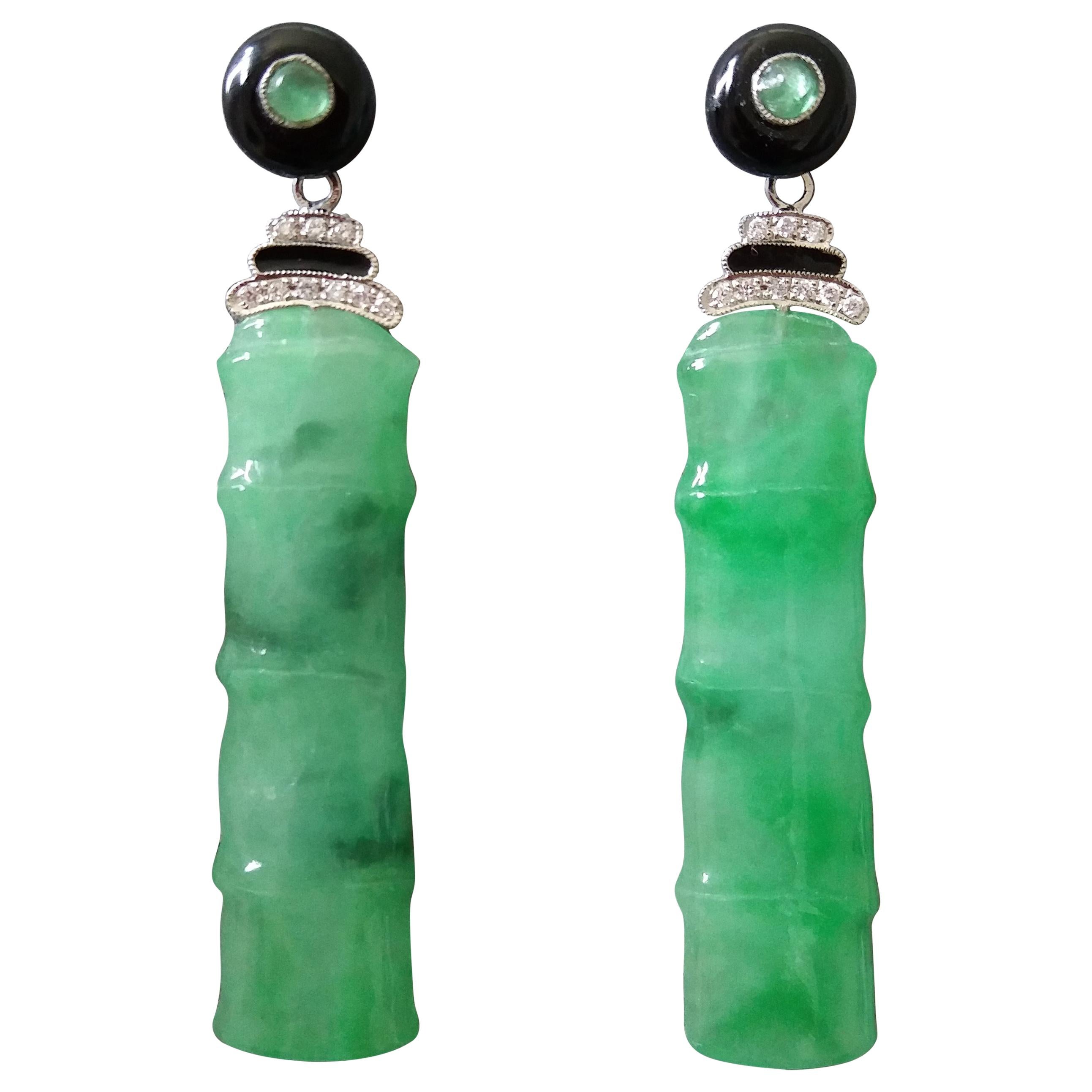 Art Deco Style Jade Bamboo Diamonds Emeralds Black Enamel Dangle Earrings