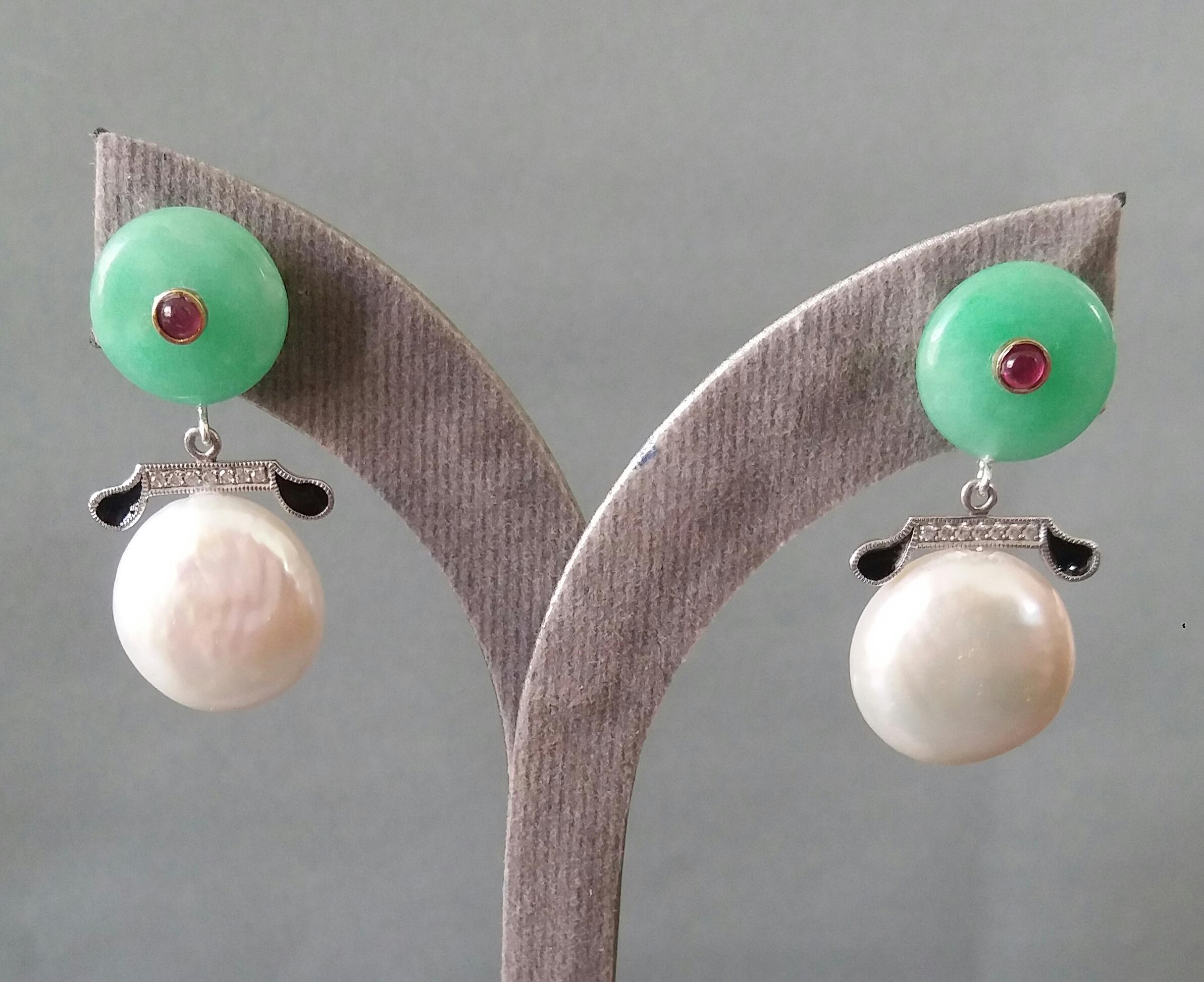 Art Deco Style Jade Baroque Pearls Rubies Gold Diamonds Black Enamel Earrings For Sale 6
