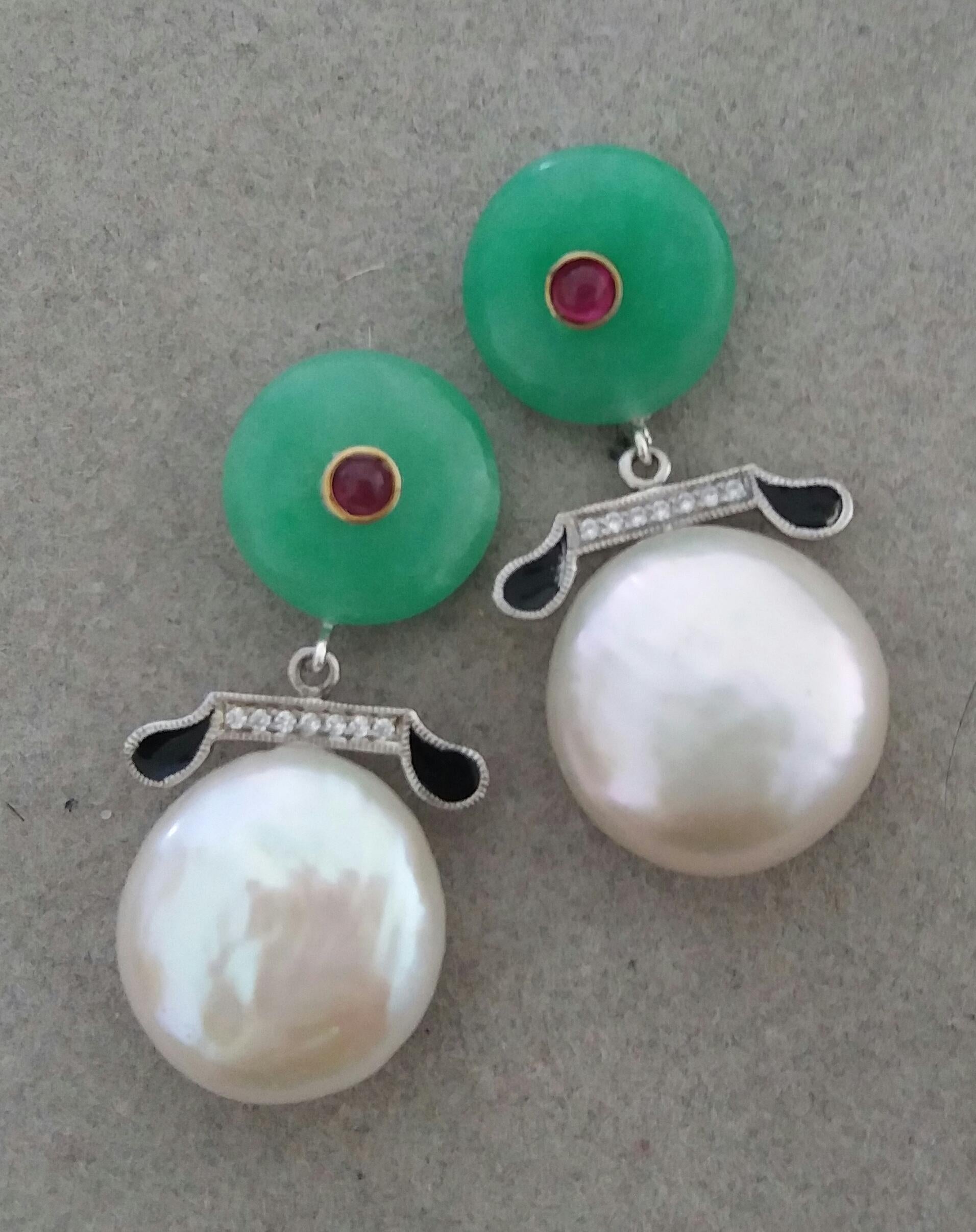 Art Deco Style Jade Baroque Pearls Rubies Gold Diamonds Black Enamel Earrings For Sale 1