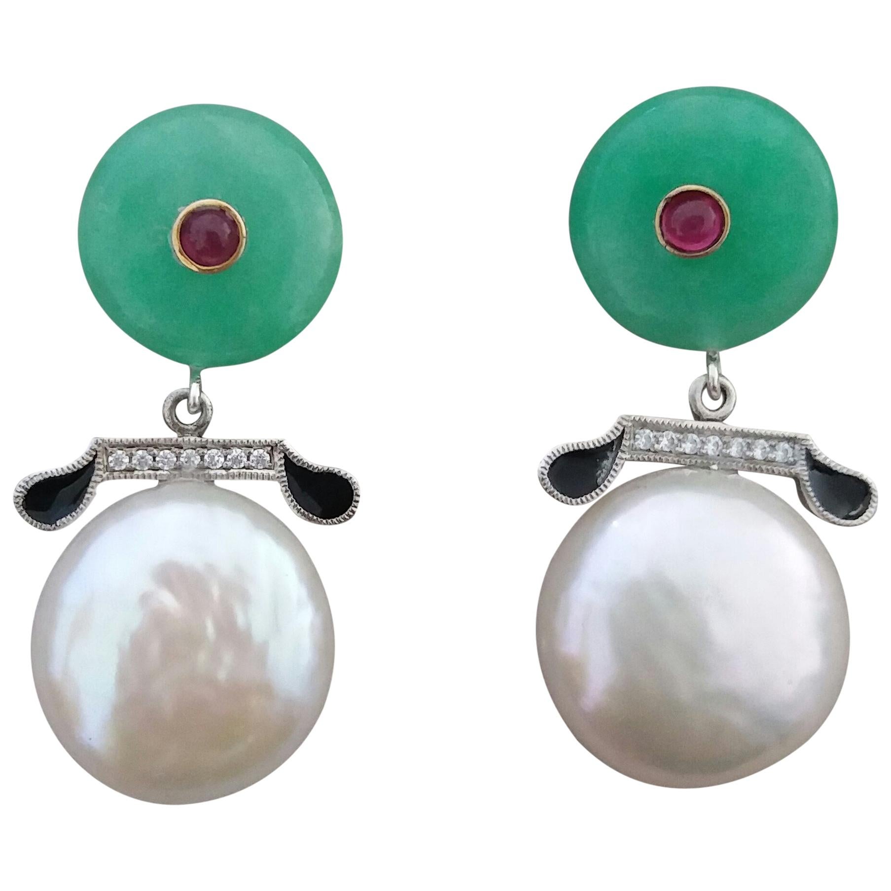 Art Deco Style Jade Baroque Pearls Rubies Gold Diamonds Black Enamel Earrings For Sale