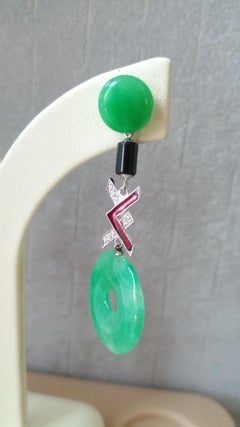 Art Deco Style Jade Black Onyx Red Enamel 14K Gold Diamonds Dangle Earrings