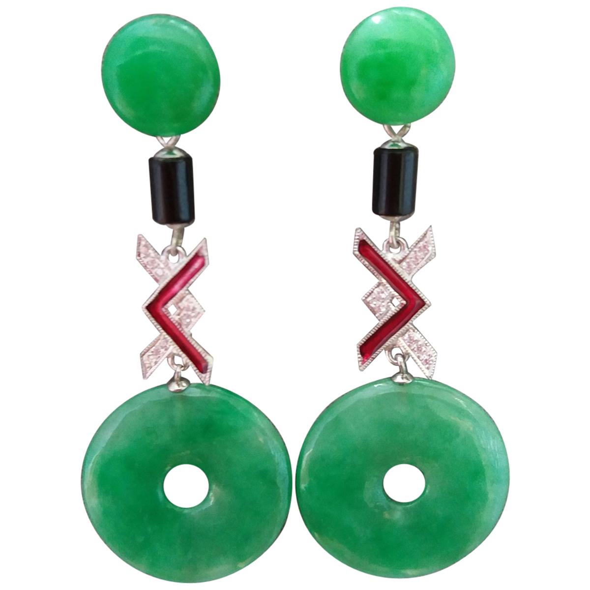 Art Deco Style Jade Black Onyx Red Enamel 14K Gold Diamonds Dangle Earrings For Sale