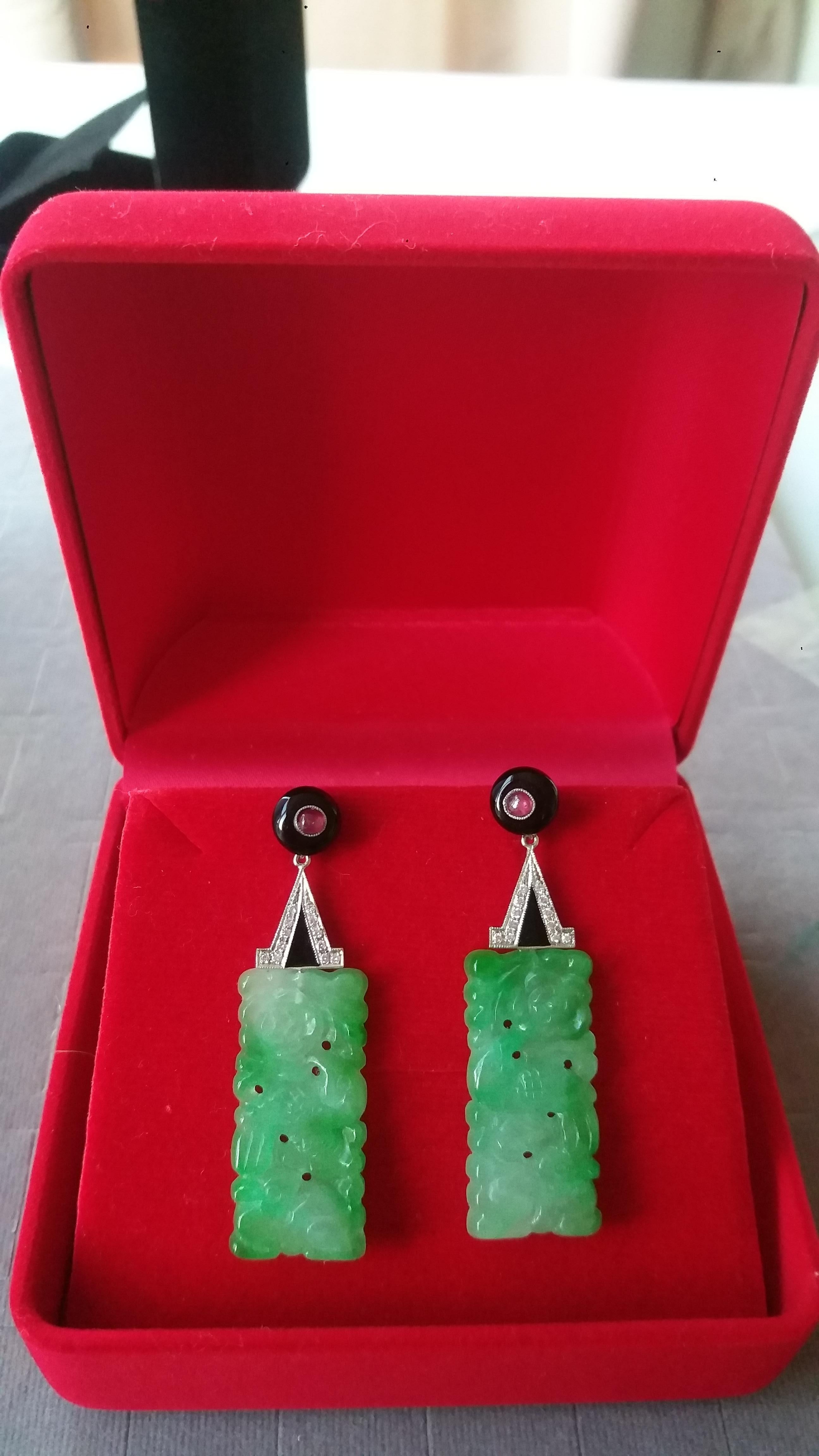 Art Deco Style Jade Black Onix Rubies White Gold Diamonds Black Enamel Earrings For Sale 1