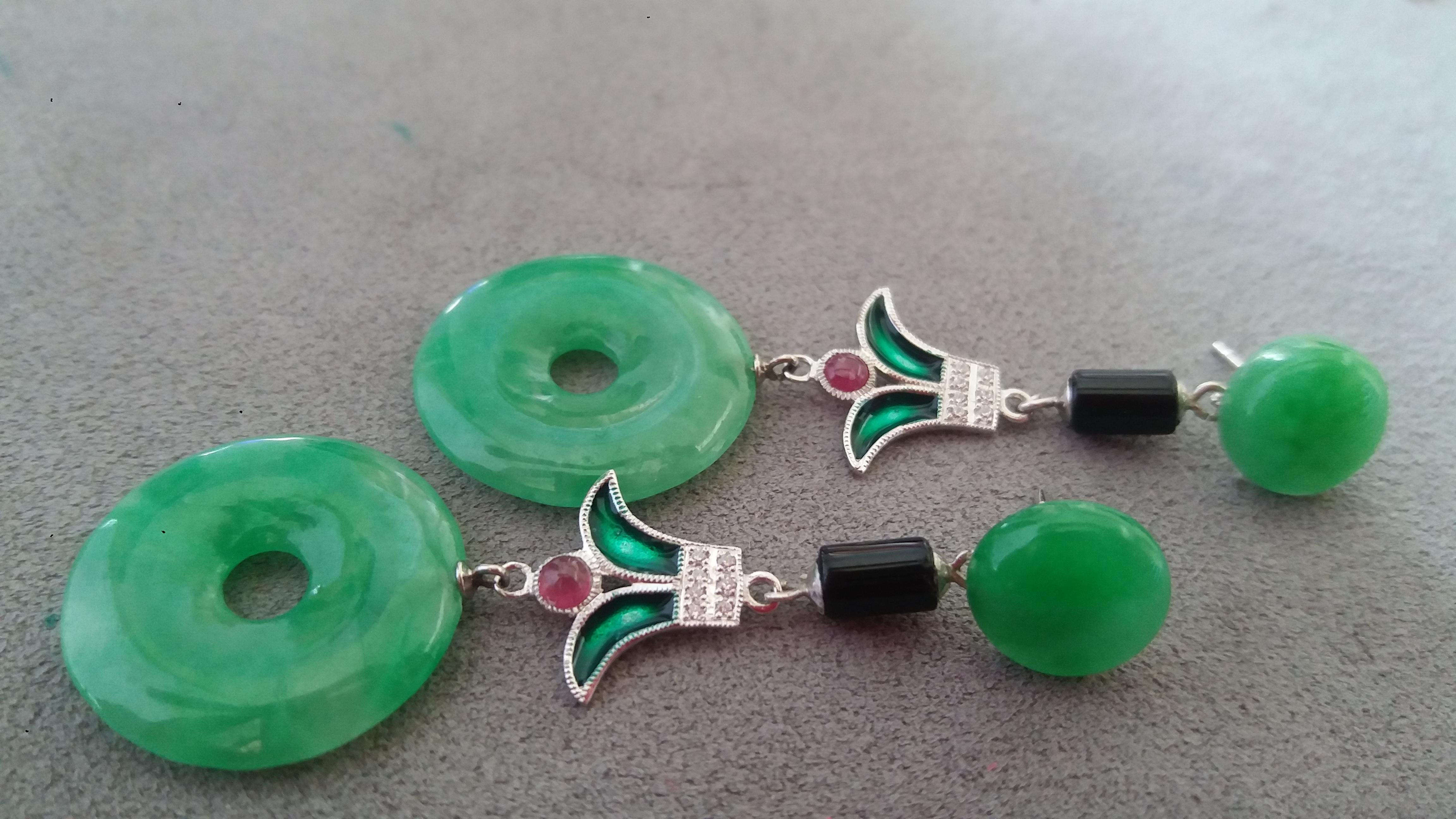 Art Deco Style Jade Black Onix Ruby Gold Diamonds Green Enamel Dangle Earrings In Good Condition For Sale In Bangkok, TH