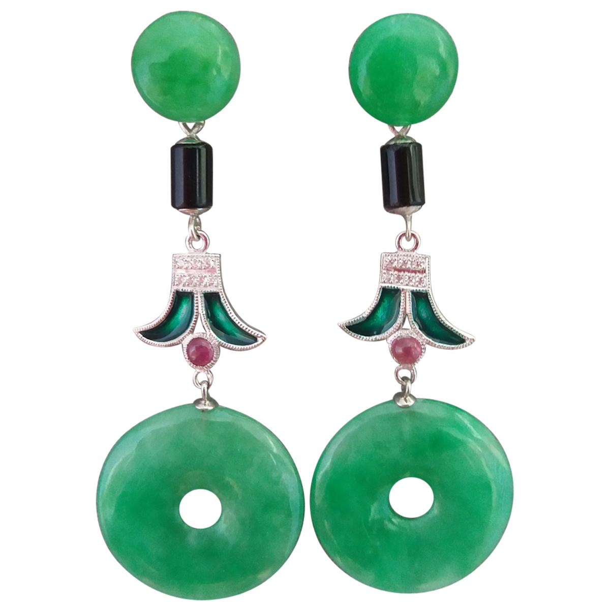 Art Deco Style Jade Black Onix Ruby Gold Diamonds Green Enamel Dangle Earrings For Sale