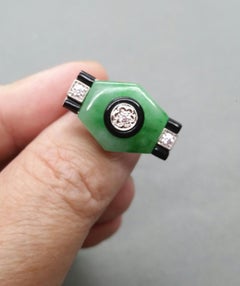 Art Deco Style Jade Black Onyx Diamonds Gold Ring