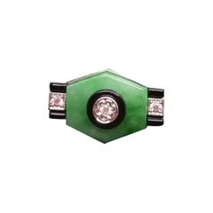 Art Deco Style Jade Black Onyx Diamonds Gold Ring