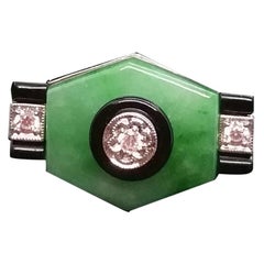 Art Deco Style Jade Black Onyx Diamonds Gold Ring
