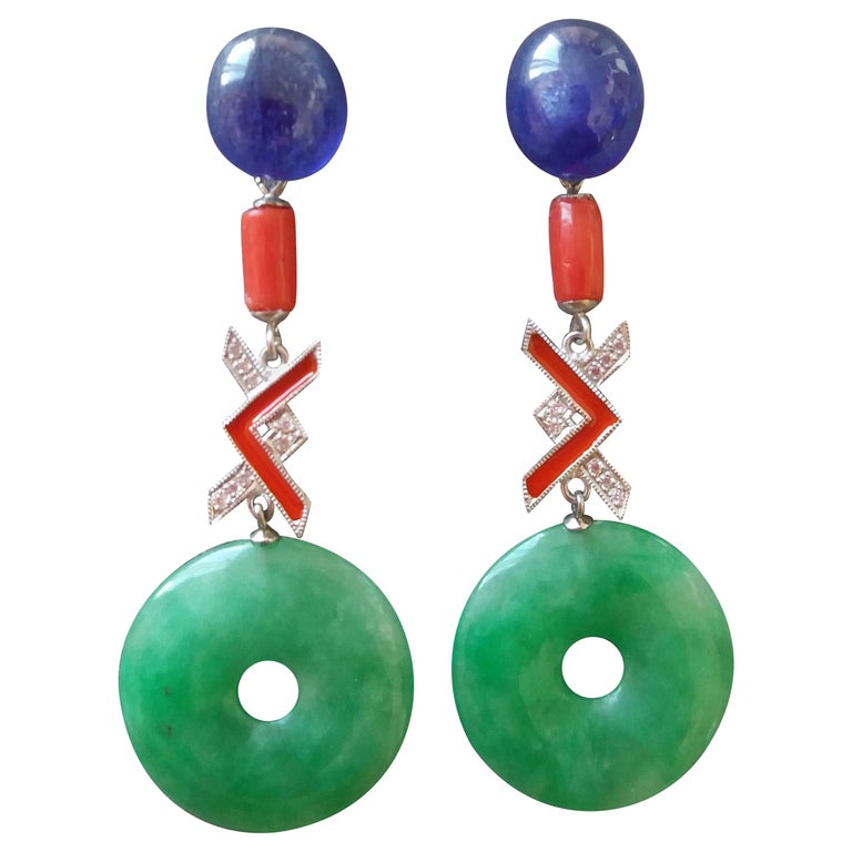 Art Deco Style Jade Blue Sapphire Enamel 14K Gold Diamonds Dangle Earrings For Sale