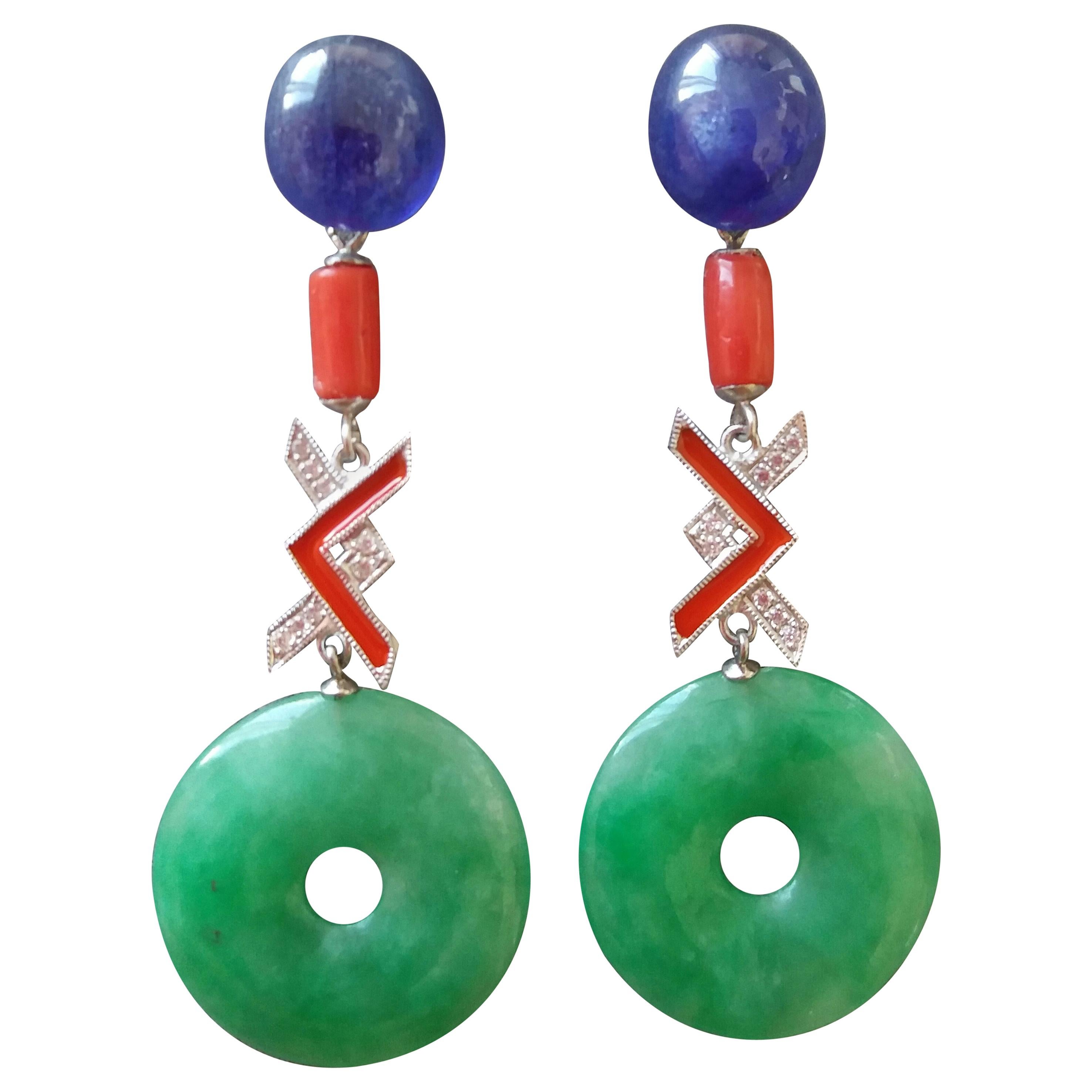 Art Deco Style Jade Blue Sapphire Enamel 14K Gold Diamonds Dangle Earrings
