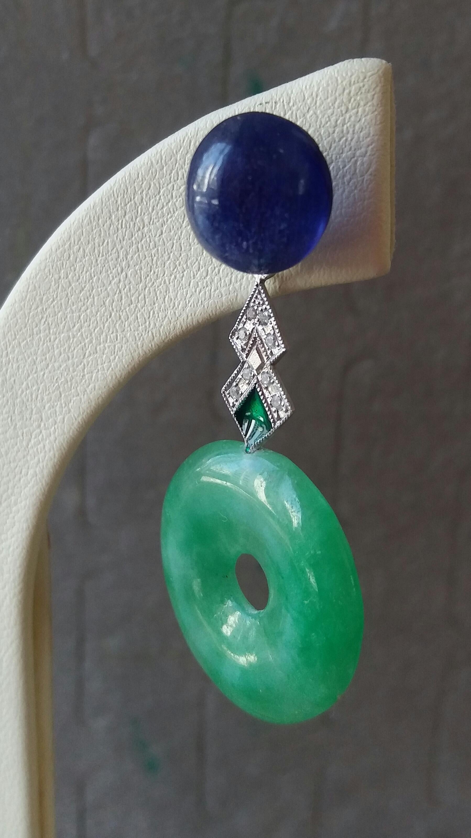 Mixed Cut Art Deco Style Jade Blue Sapphire 14K Gold Diamonds Green Enamel Dangle Earrings For Sale