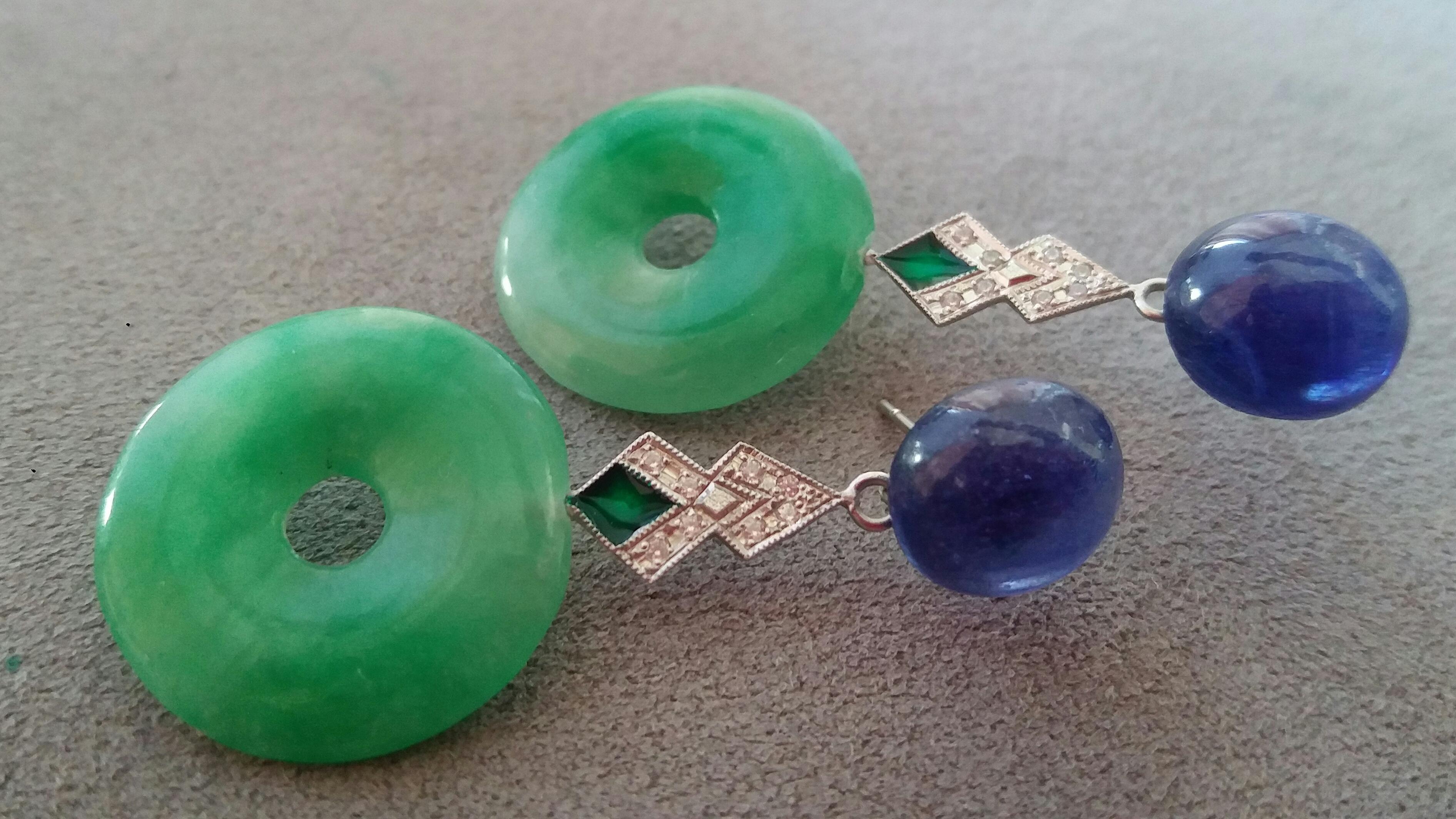 Women's Art Deco Style Jade Blue Sapphire 14K Gold Diamonds Green Enamel Dangle Earrings For Sale