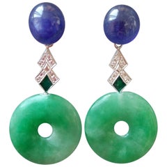 Pendientes Colgantes Estilo Art Déco Zafiro Azul Jade Oro 14K Diamantes Esmalte Verde