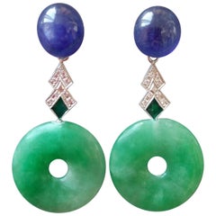 Art Deco Style Jade Blue Sapphire 14K Gold Diamonds Green Enamel Dangle Earrings