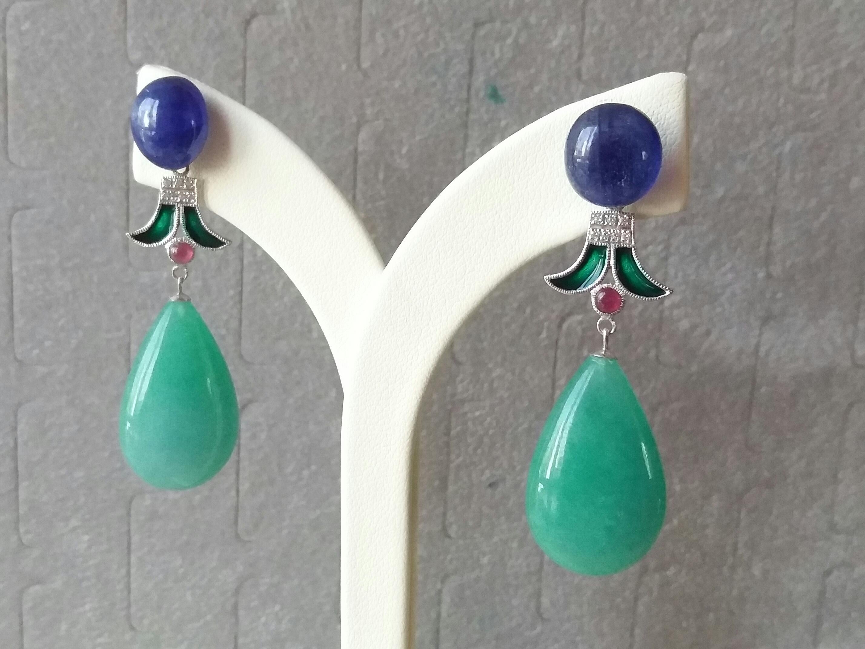 Mixed Cut Art Deco Style Jade Blue Sapphire Ruby Green Enamel Gold Diamond Dangle Earrings For Sale
