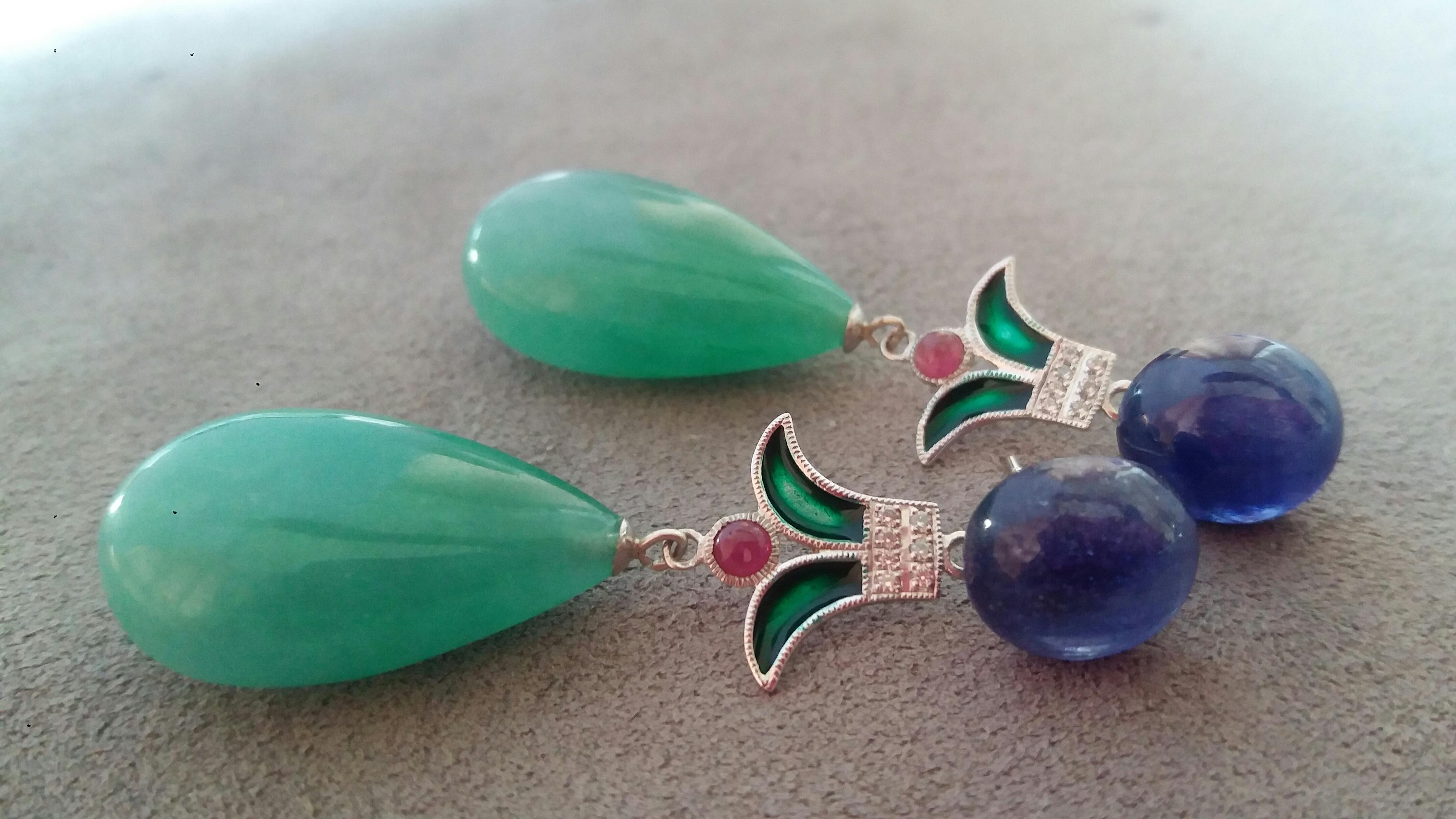 Art Deco Style Jade Blue Sapphire Ruby Green Enamel Gold Diamond Dangle Earrings In Good Condition For Sale In Bangkok, TH