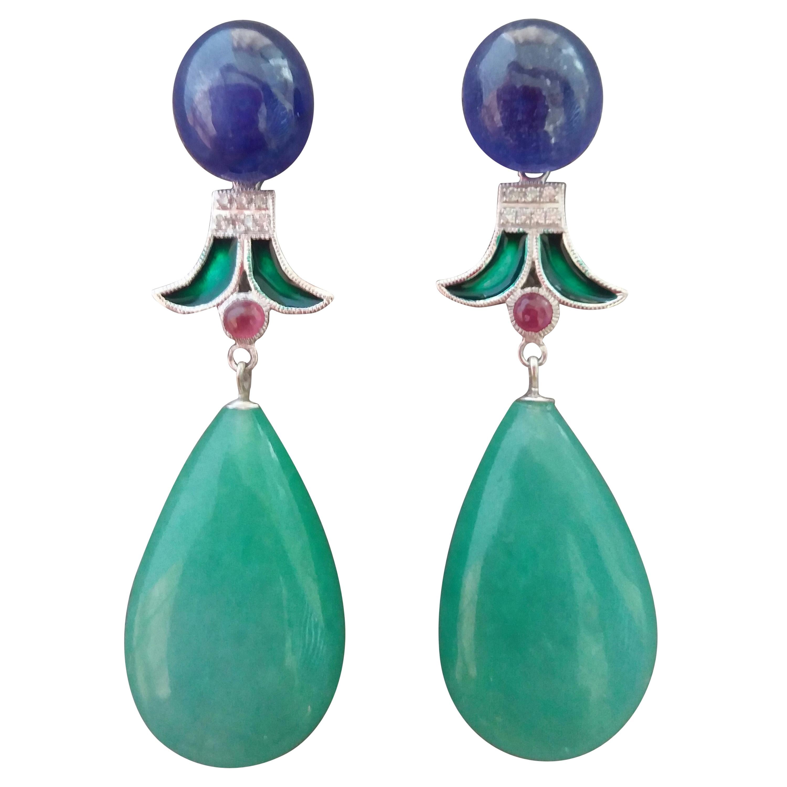 Art Deco Style Jade Blue Sapphire Ruby Green Enamel Gold Diamond Dangle Earrings