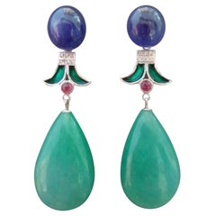 Antique Art Deco Style Jade Blue Sapphire Ruby Green Enamel Gold Diamond Dangle Earrings