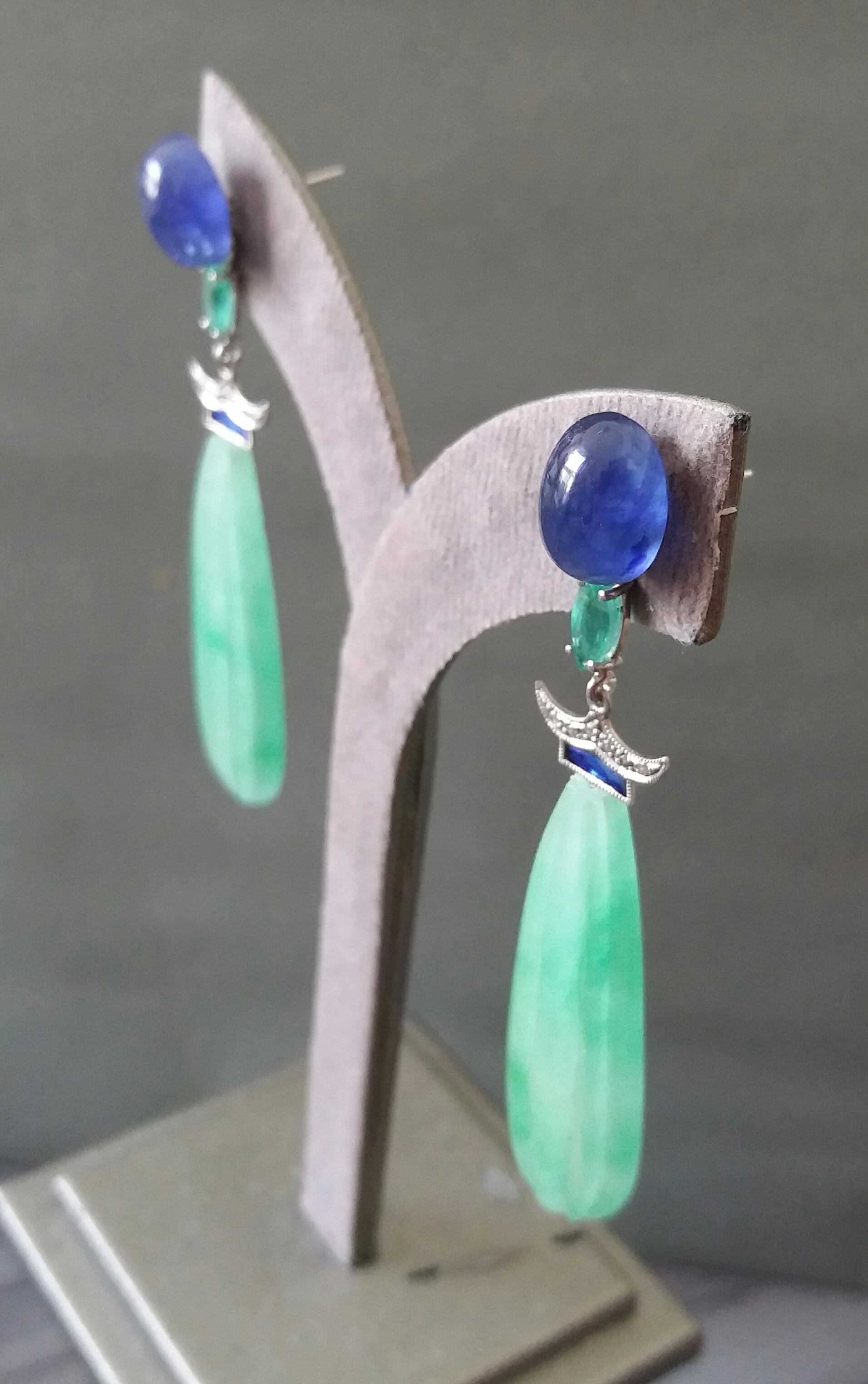 Art Deco Style Jade Blue Sapphires Emeralds Gold Enamel Diamonds Drop Earrings For Sale 4
