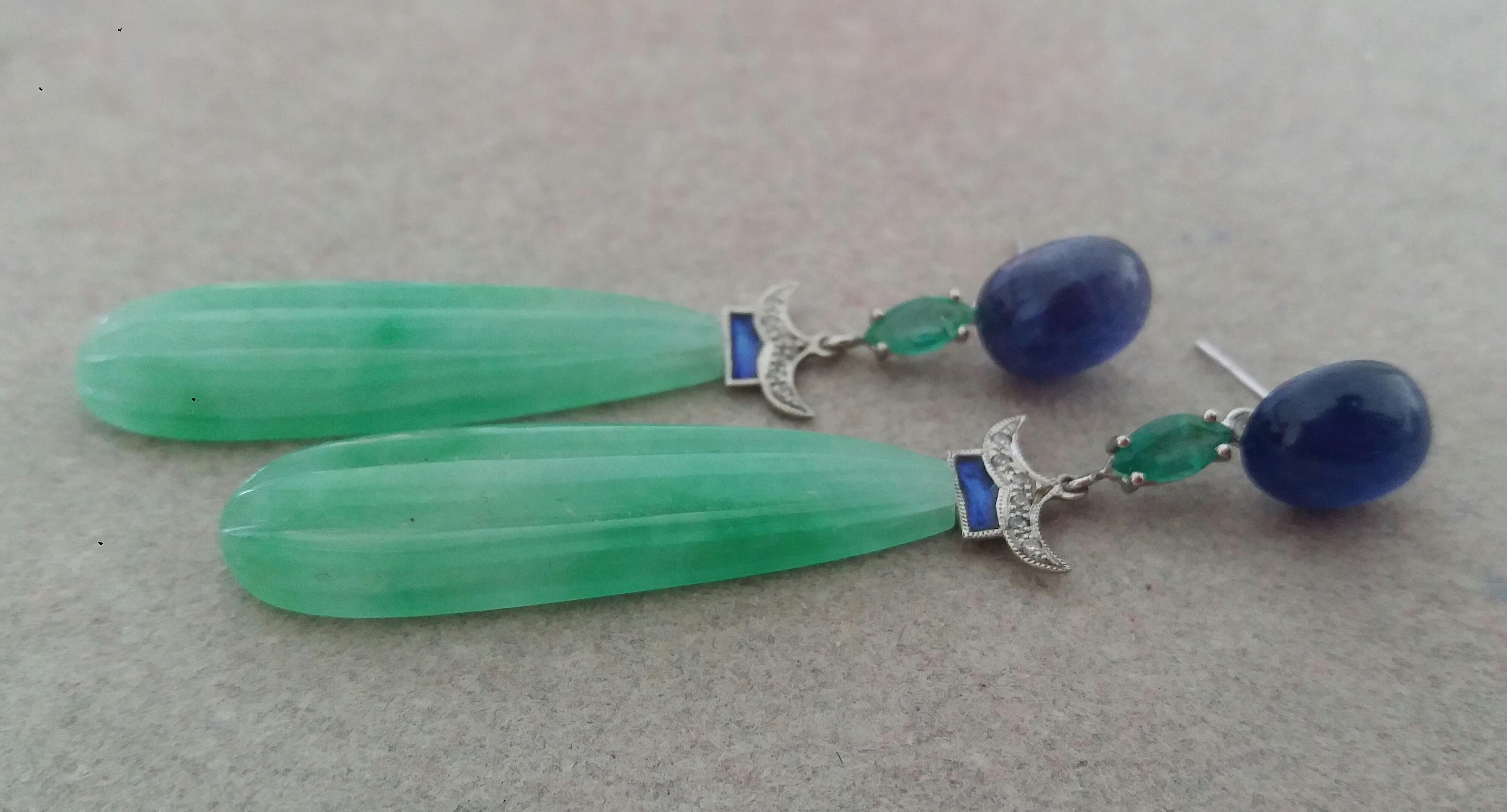 Mixed Cut Art Deco Style Jade Blue Sapphires Emeralds Gold Enamel Diamonds Drop Earrings For Sale