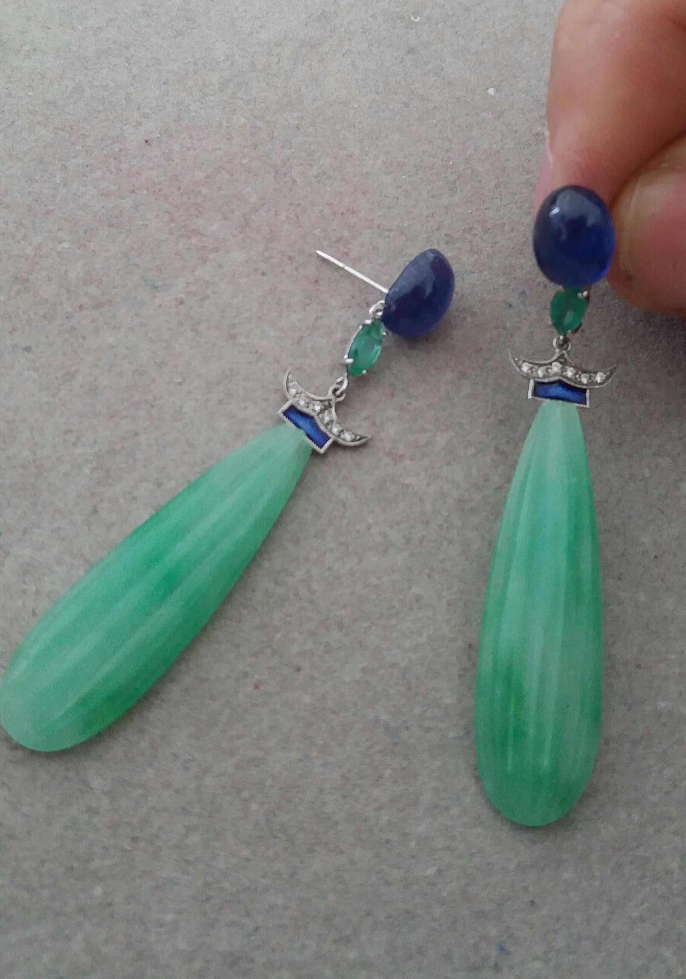 Art Deco Style Jade Blue Sapphires Emeralds Gold Enamel Diamonds Drop Earrings In Good Condition For Sale In Bangkok, TH