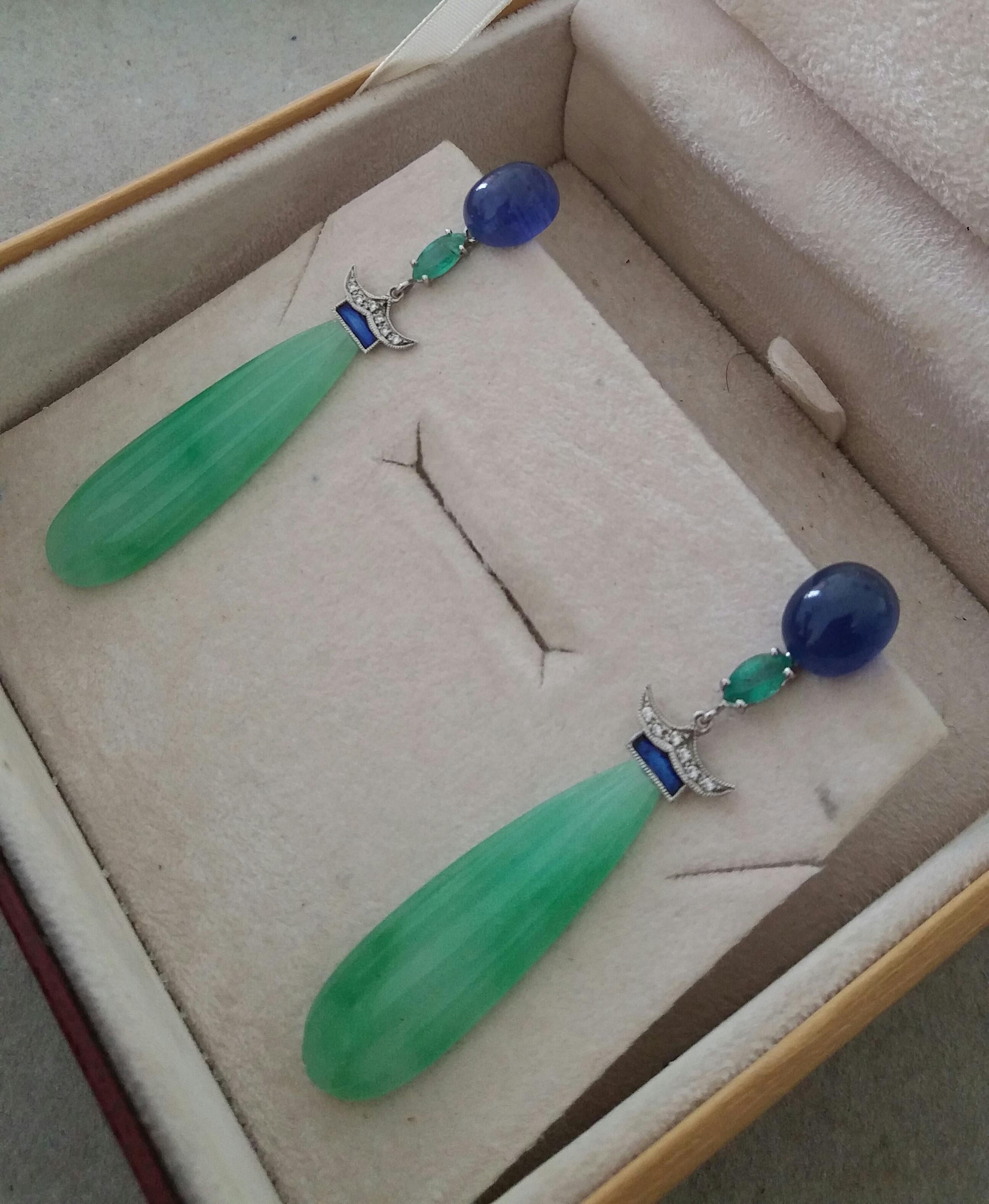 Art Deco Style Jade Blue Sapphires Emeralds Gold Enamel Diamonds Drop Earrings For Sale 2