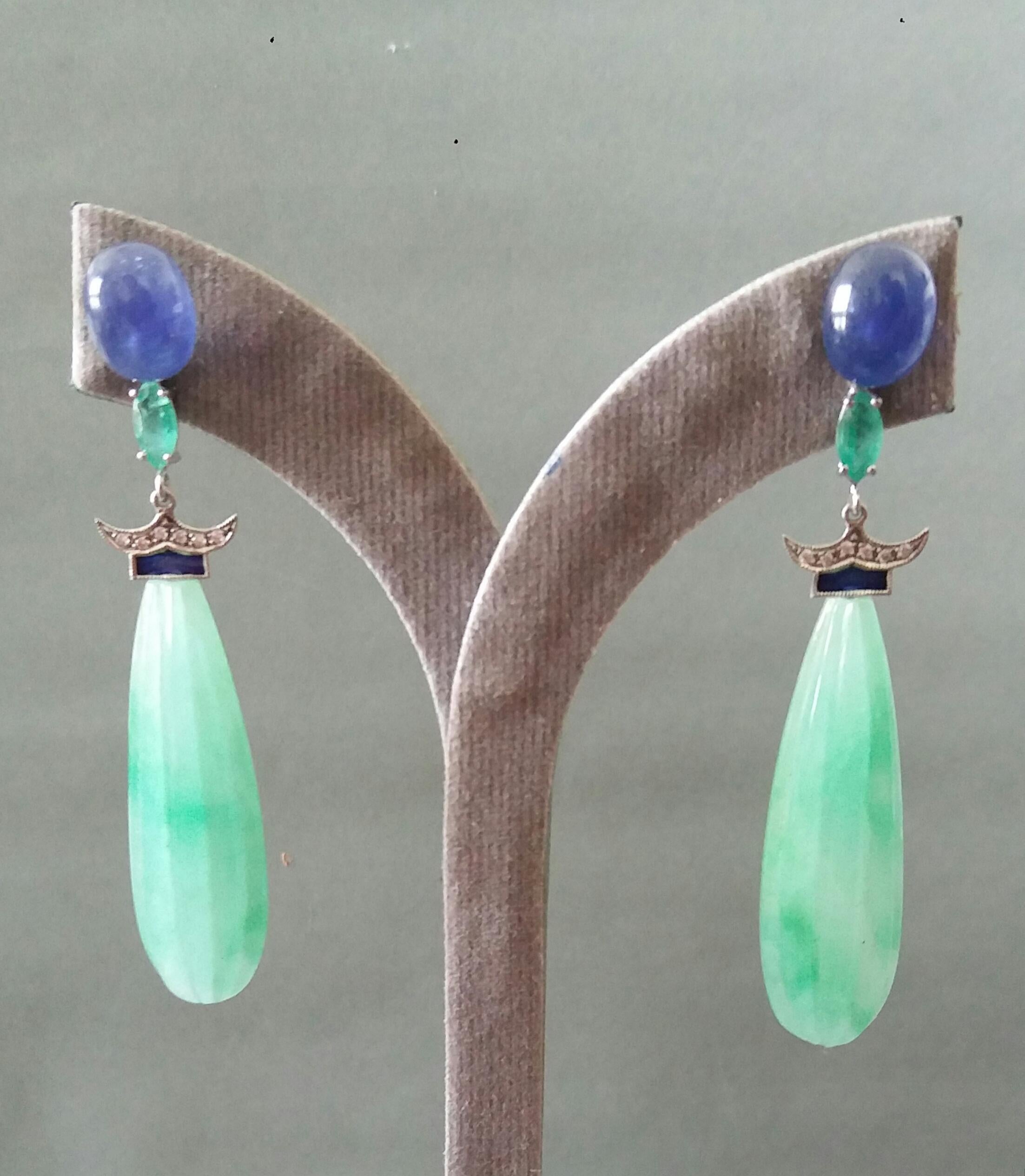 Art Deco Stil Jade Blaue Saphire Smaragde Gold Emaille Diamanten Tropfenohrringe im Angebot 3