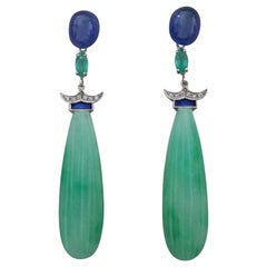 Pendientes de Jade Estilo Art Déco Zafiros Azules Esmeraldas Oro Esmalte Diamantes