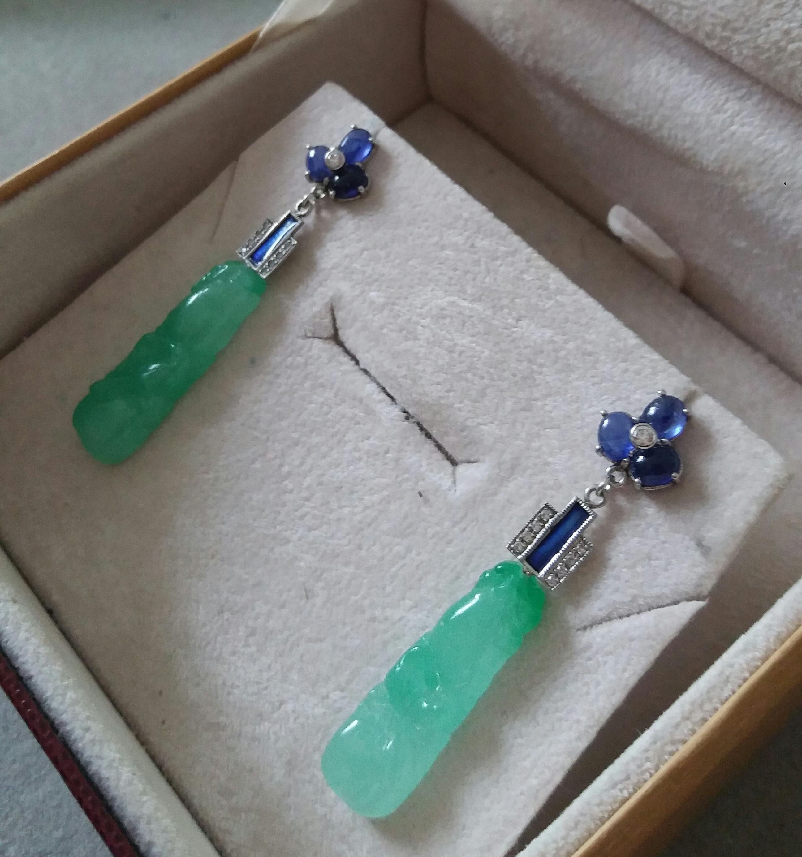 Art Deco Style Jade Blue Sapphires Gold Blue Enamel Diamonds Dangle Earrings For Sale 5